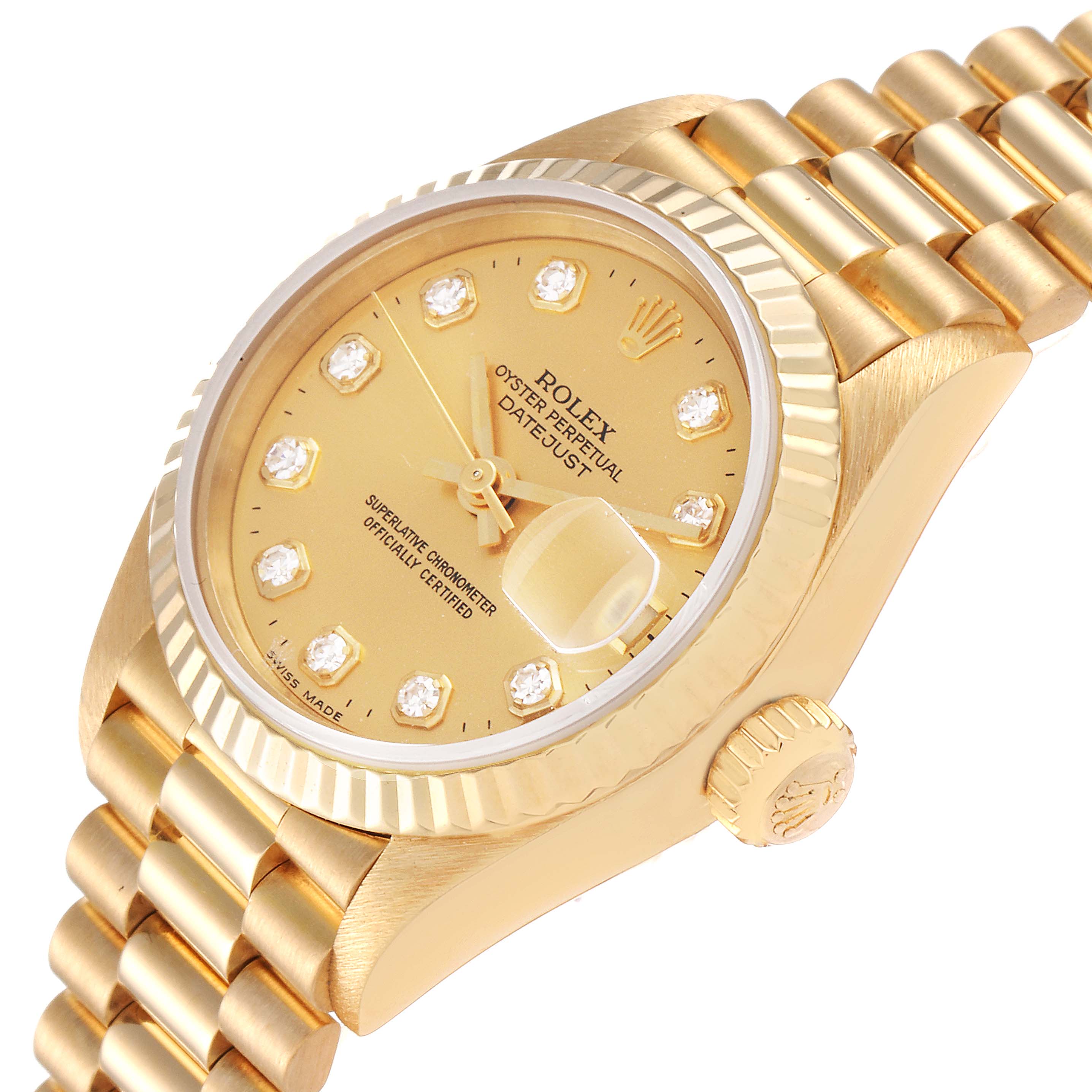 The image shows a Rolex President 69178 Women's Yellow Gold Champagne Dial 69178 Women's Yellow Gold Champagne Dial model watch at an angle, highlighting the face, bracelet, fluted bezel, and crown.