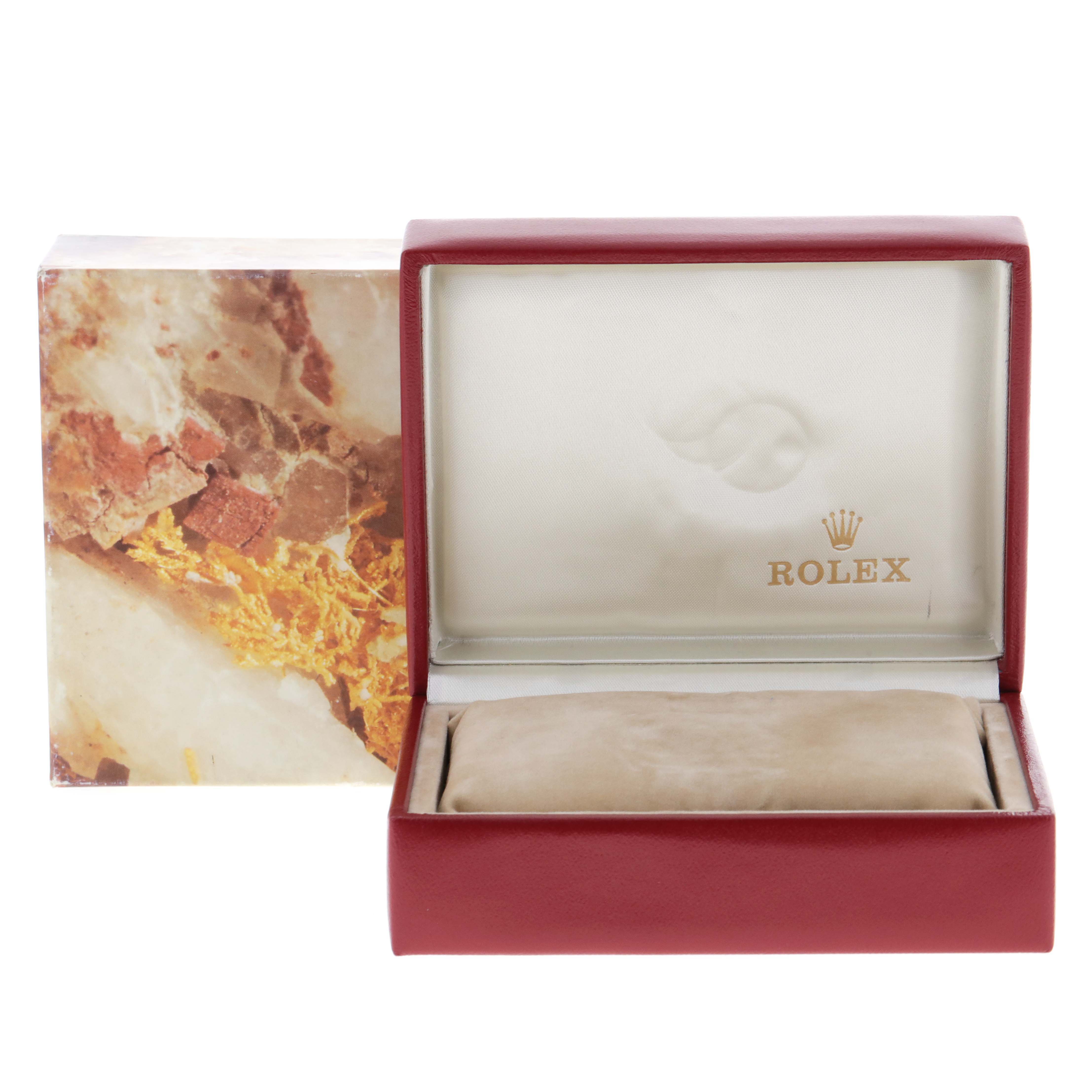 The image shows an open Rolex President 69178 Women's Yellow Gold Champagne Dial 69178 Women's Yellow Gold Champagne Dial model watch box with a cushioned interior and outer sleeve.