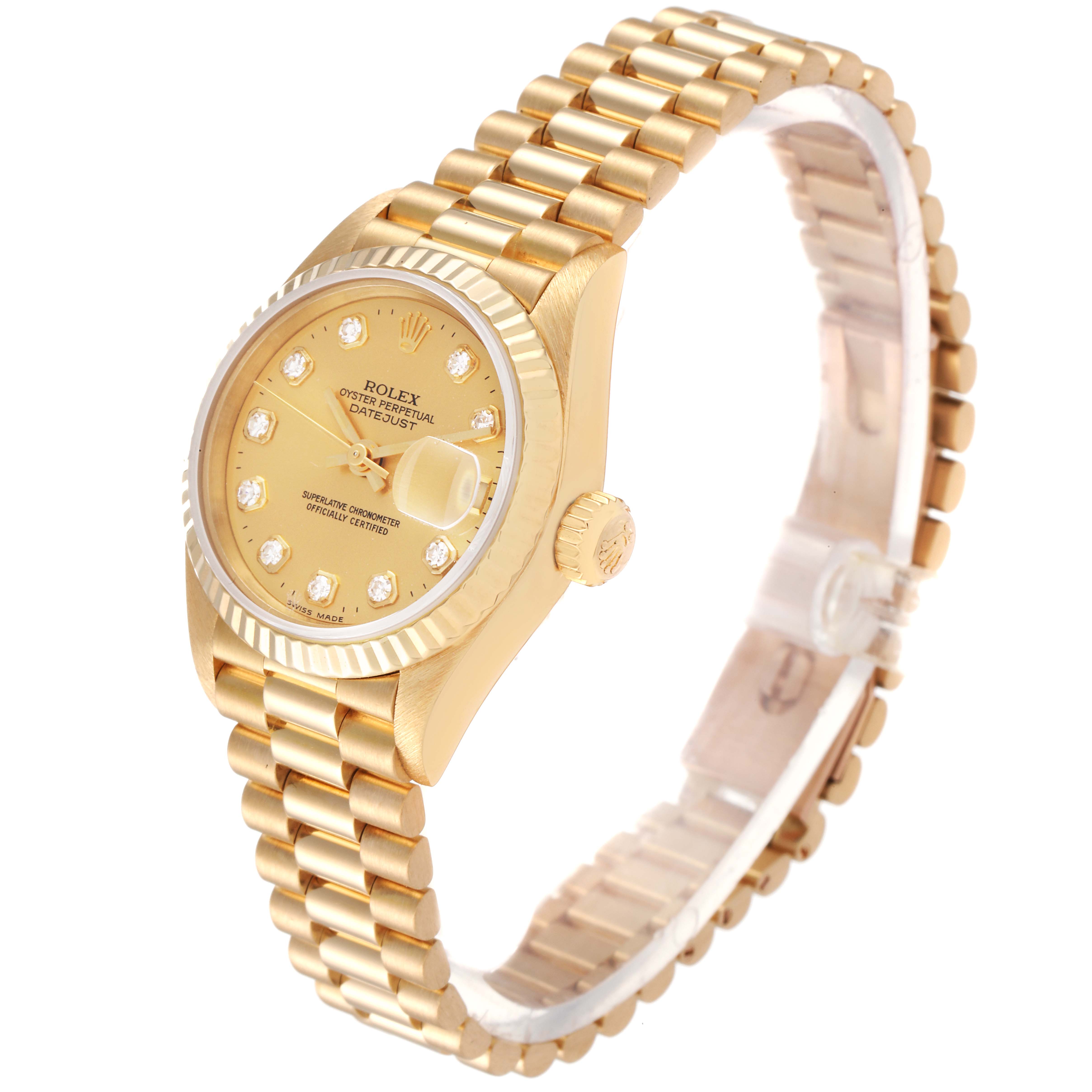 The image shows a gold Rolex President 69178 Women's Yellow Gold Champagne Dial 69178 Women's Yellow Gold Champagne Dial model watch at an angle highlighting the dial, bracelet, crown, and fluted bezel.