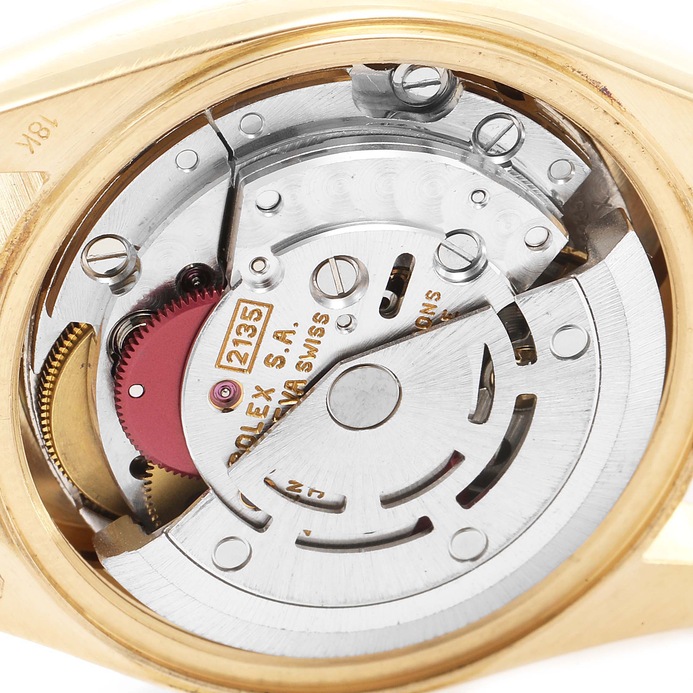 The image shows the internal mechanism of a Rolex President 69178 Women's Yellow Gold Champagne Dial 69178 Women's Yellow Gold Champagne Dial model watch from a top-down view.