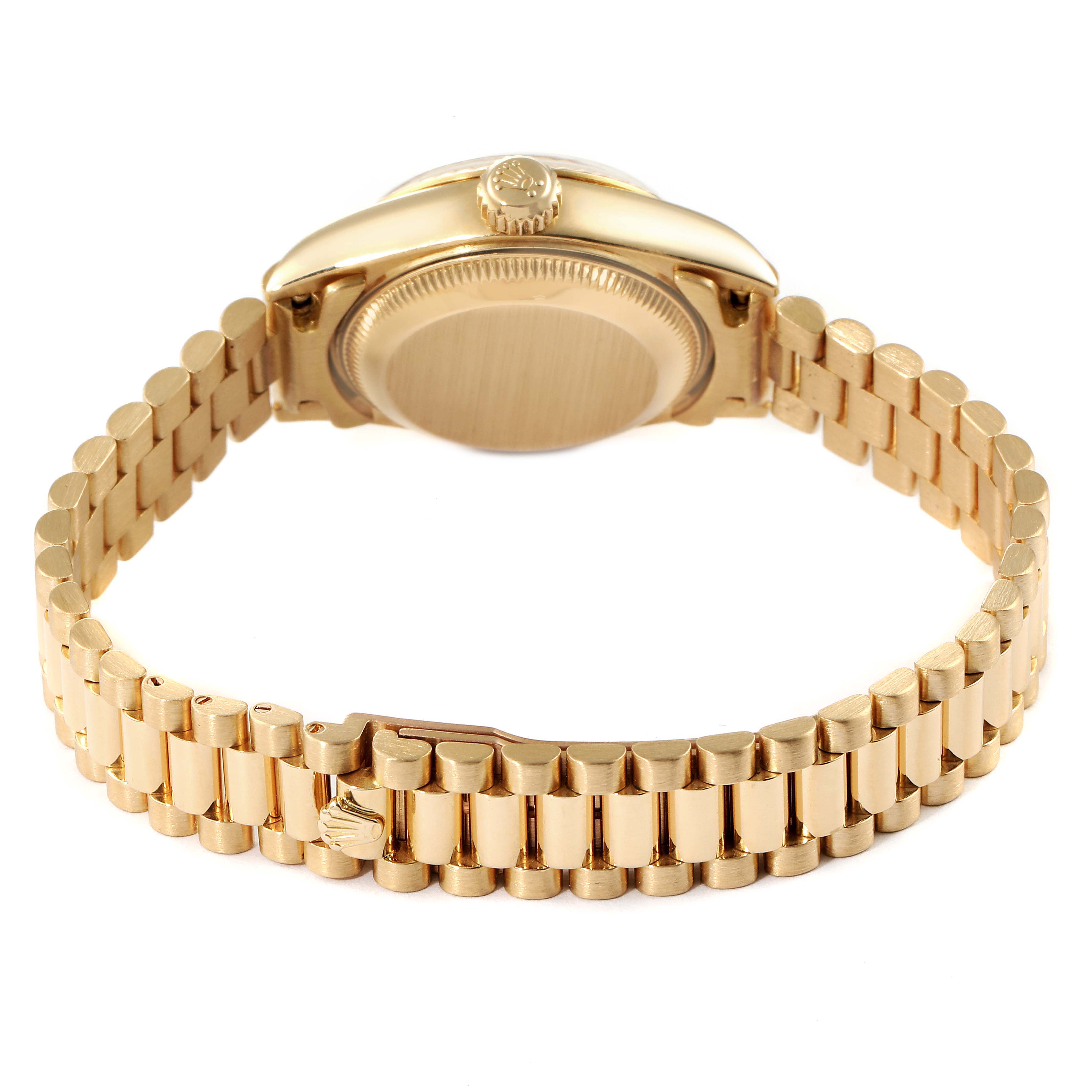 The image shows the back view of a Rolex President 69178 Women's Yellow Gold Champagne Dial 69178 Women's Yellow Gold Champagne Dial model watch, highlighting the bracelet and the case back.