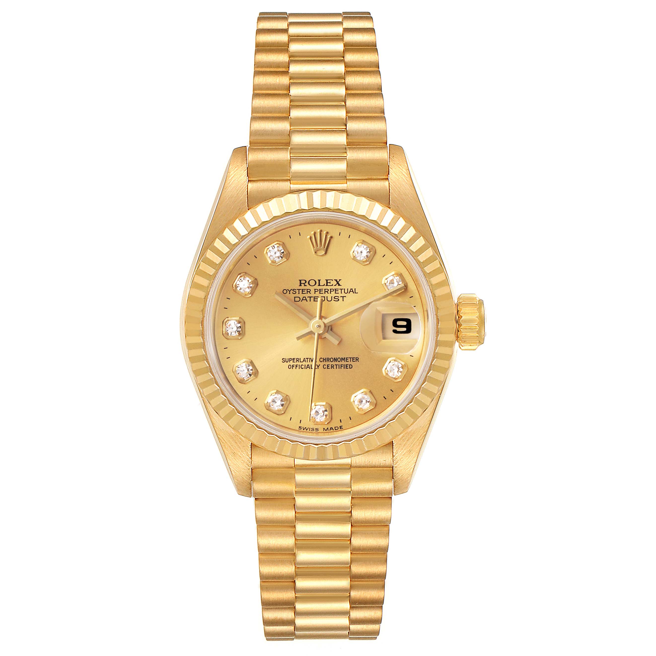 This image shows a Rolex President 69178 Women's Yellow Gold Champagne Dial 69178 Women's Yellow Gold Champagne Dial model watch, featuring the full face, dial, hands, date window, and bracelet.