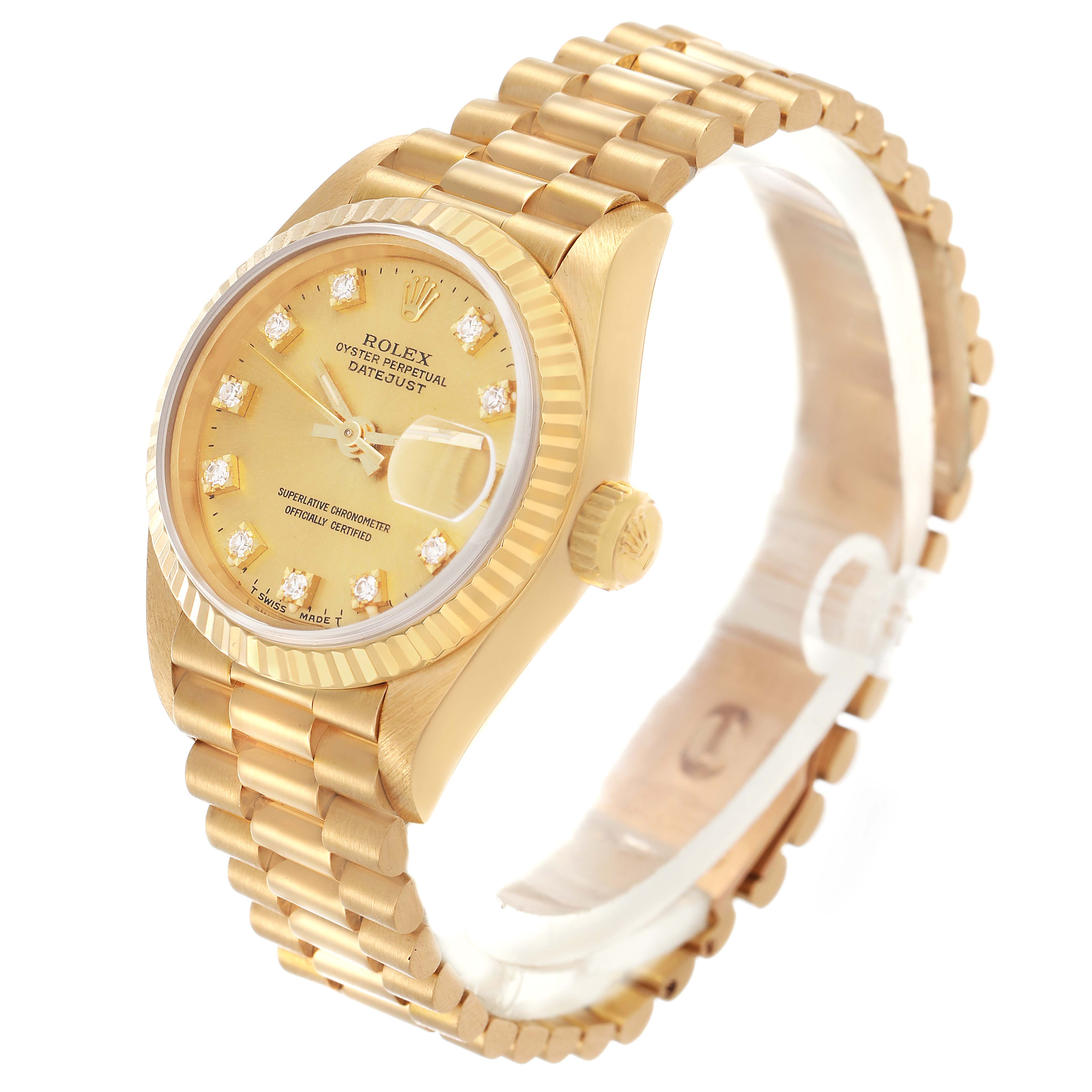 The Rolex President 69178 Women's Yellow Gold Champagne Dial model watch is shown from a front angle, highlighting its bracelet, fluted bezel, and dial with diamond markers.