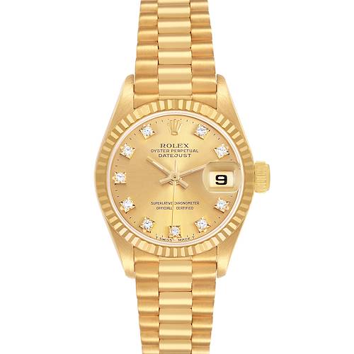 The image shows a Rolex President 69178 Women's Yellow Gold Champagne Dial watch front view, displaying the dial, fluted bezel, bracelet, and date function.