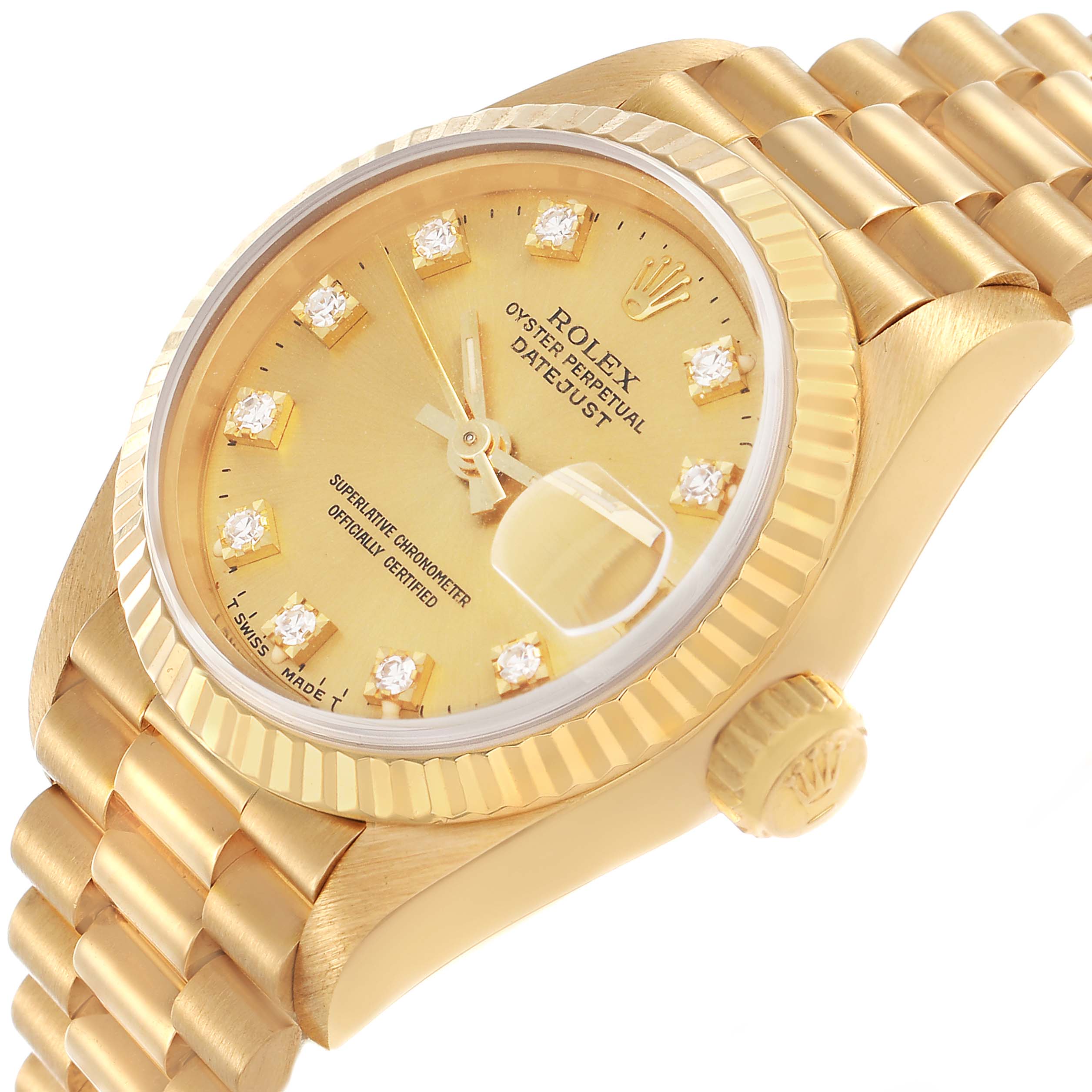 The Rolex President 69178 Women's Yellow Gold Champagne Dial model watch is shown at an angle highlighting the dial, bezel, crown, and part of the gold bracelet.