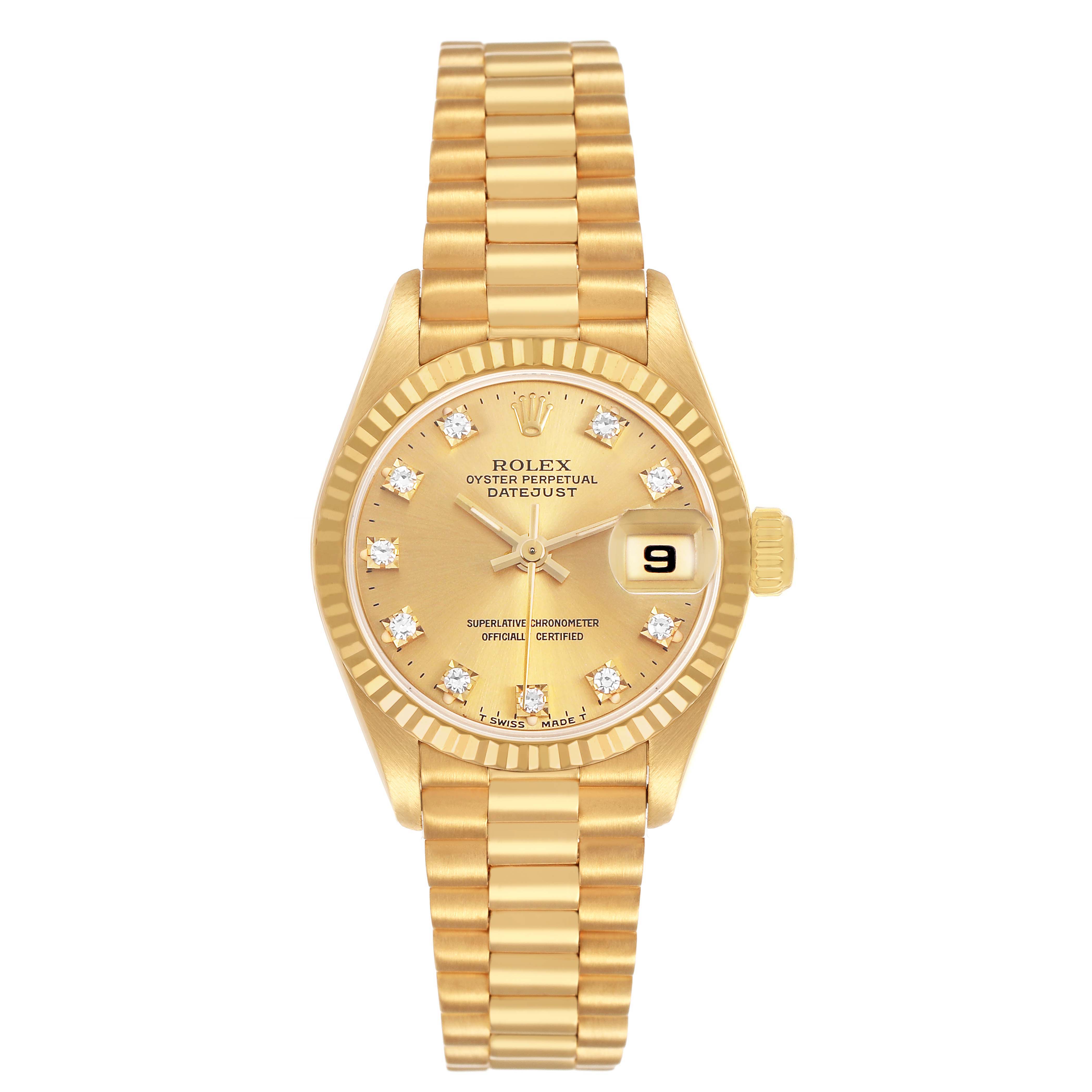 The Rolex President 69178 Women's Yellow Gold Champagne Dial model watch is shown from a front angle, displaying the bracelet, dial, bezel, and date window.
