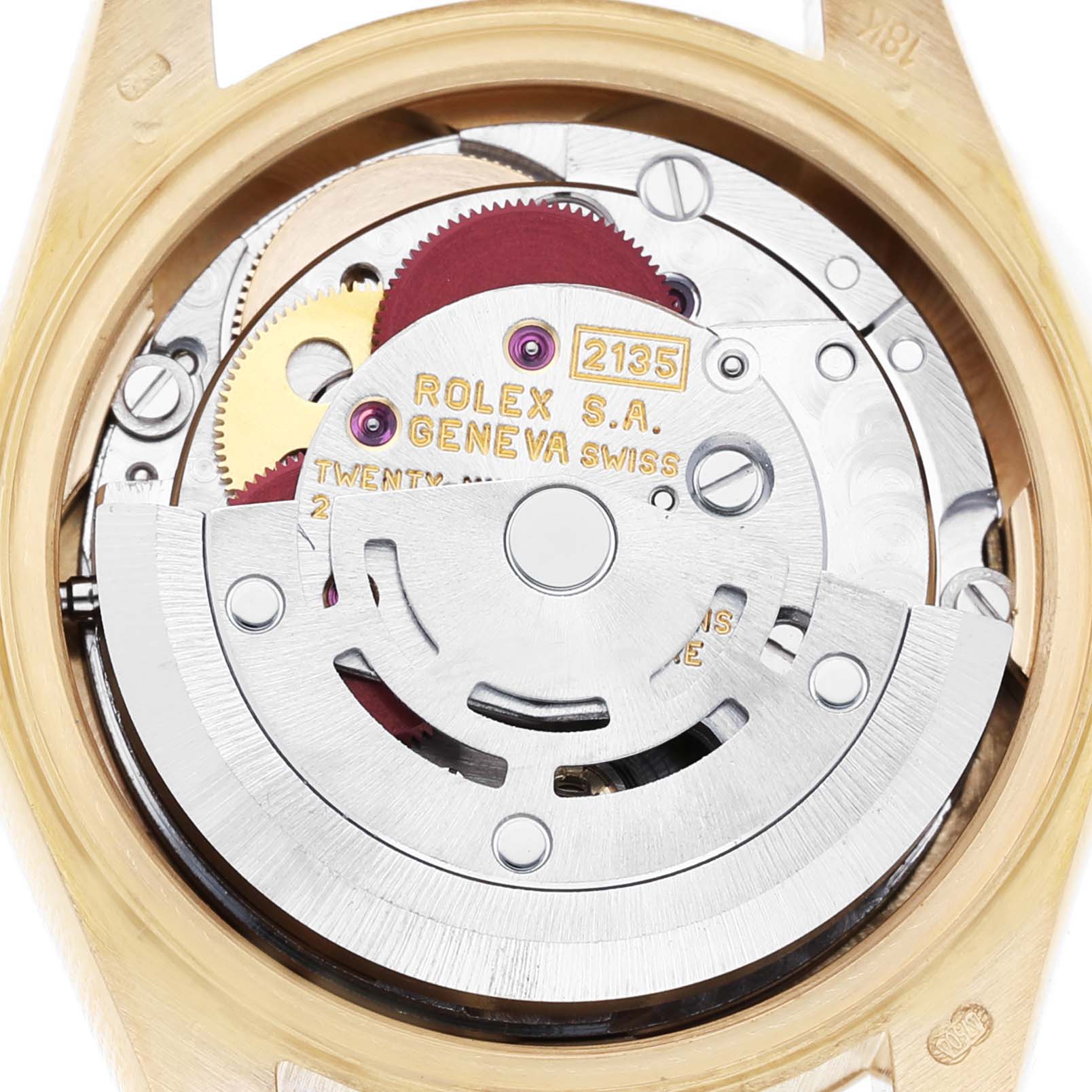 The image shows a top-down view of the movement inside a Rolex President 69178 Women's Yellow Gold Champagne Dial watch, highlighting its inner mechanical components.