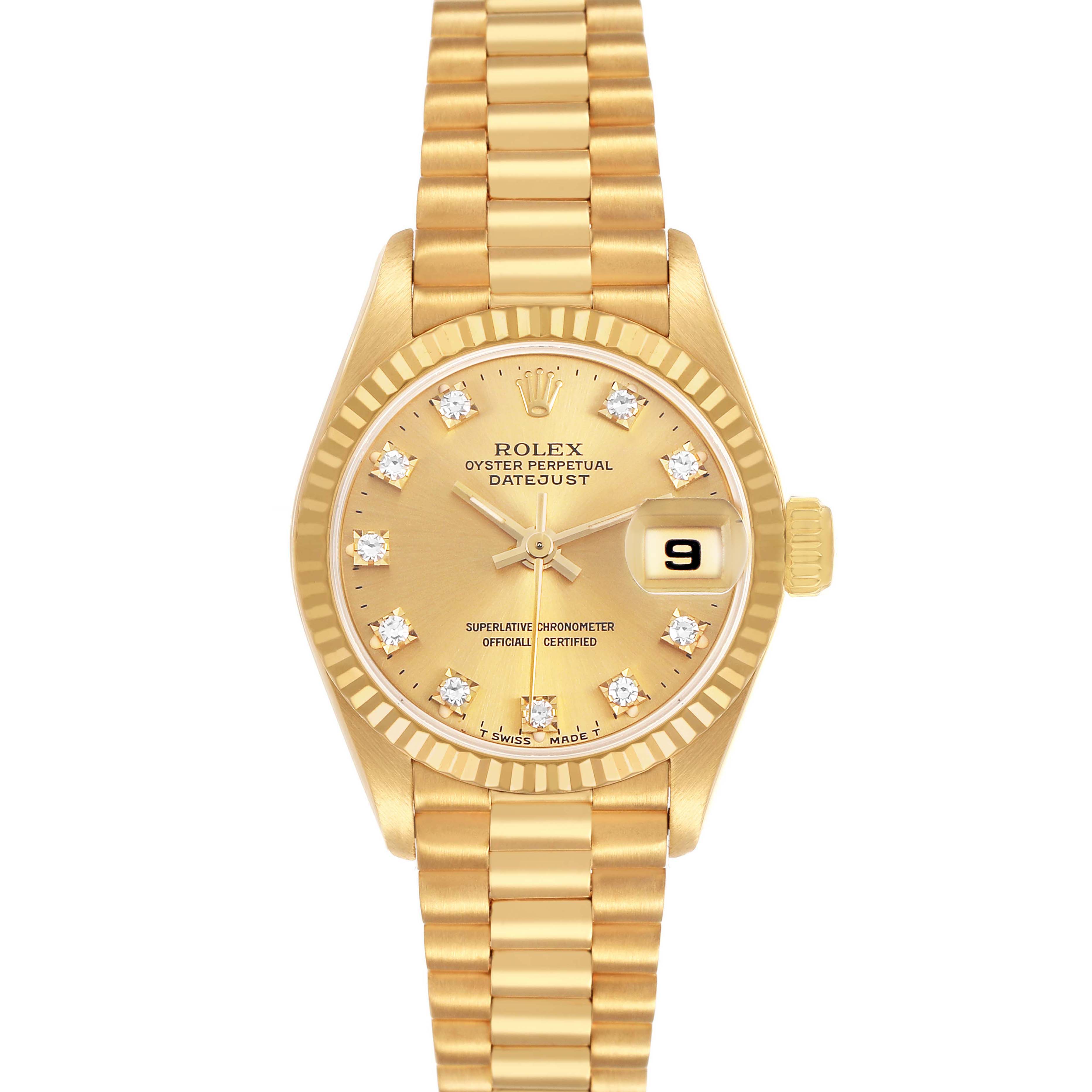The Rolex President 69178 Women's Yellow Gold Champagne Dial model is shown from the front, displaying its gold dial, diamond markers, date window, and fluted bezel.