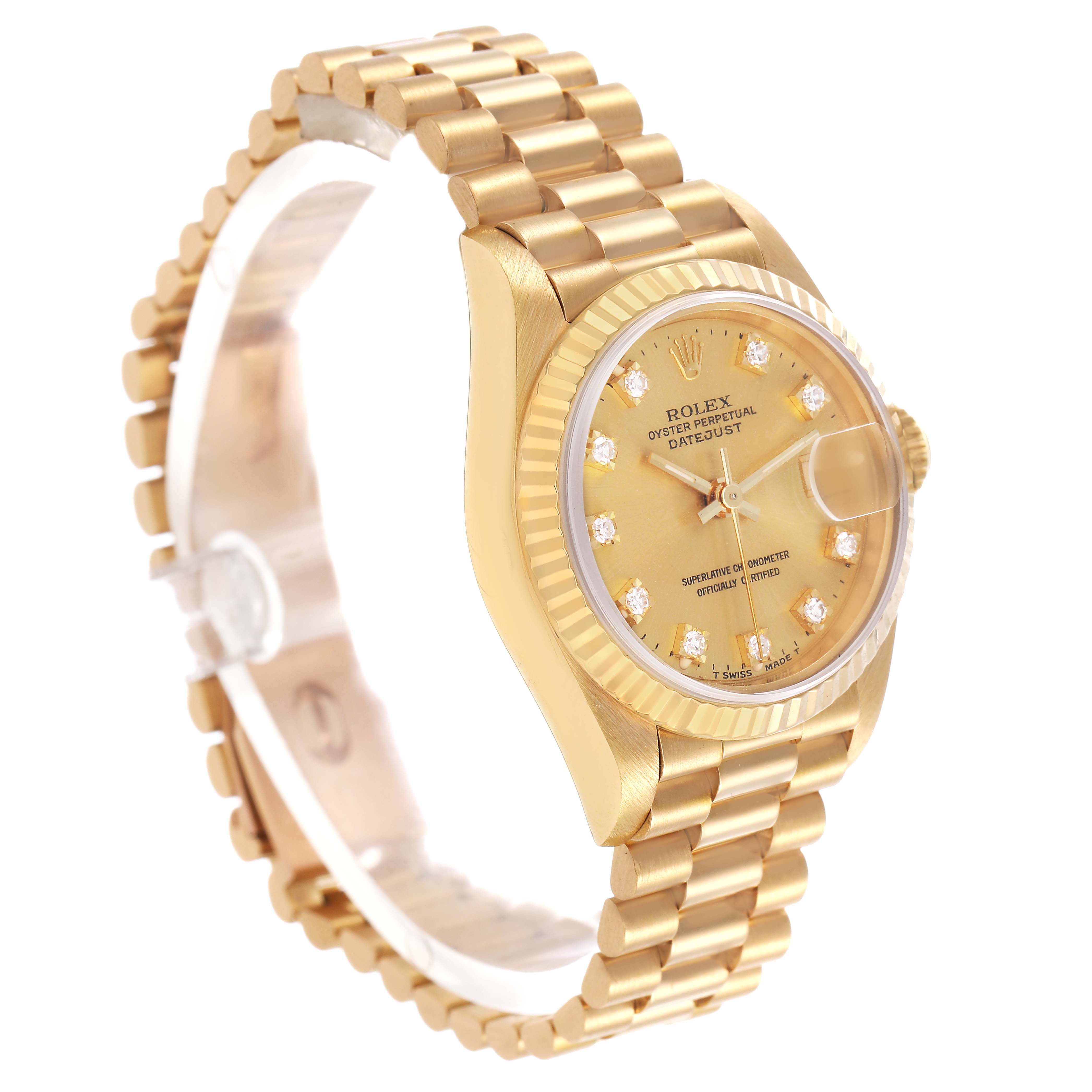 The Rolex President 69178 Women's Yellow Gold Champagne Dial model is shown at a three-quarter angle, highlighting the gold bracelet, fluted bezel, and diamond markers on the dial.