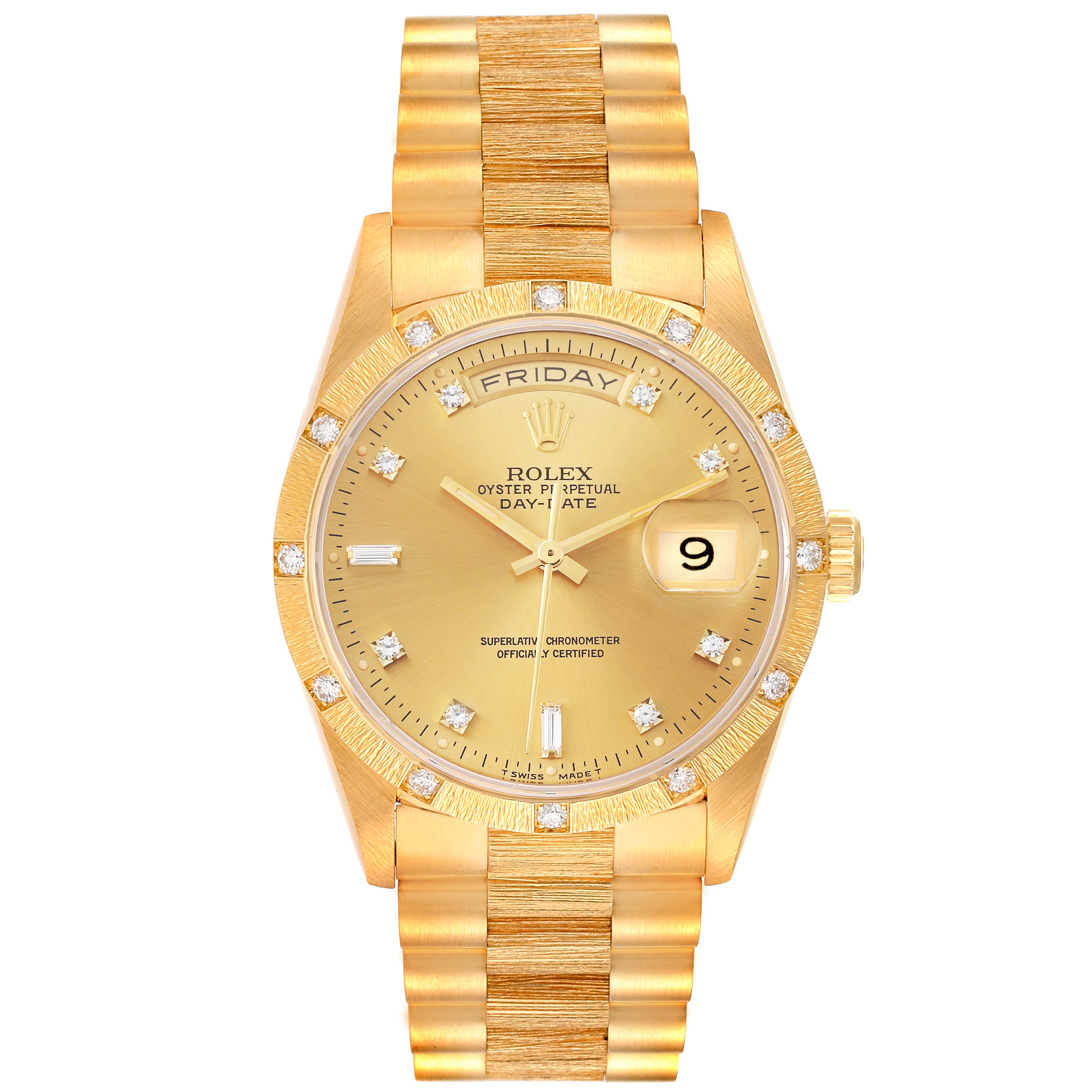 This image shows a frontal view of a gold Rolex President 18308 Men
s Yellow Gold Champagne Dial 18308 Men
s Yellow Gold Champagne Dial model watch, highlighting the dial, bracelet, and bezel.