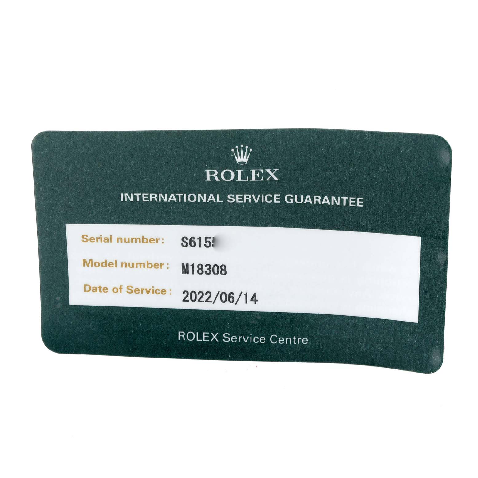 The image shows a Rolex International Service Guarantee card for the President model, M18308, serviced on 2022/06/14.