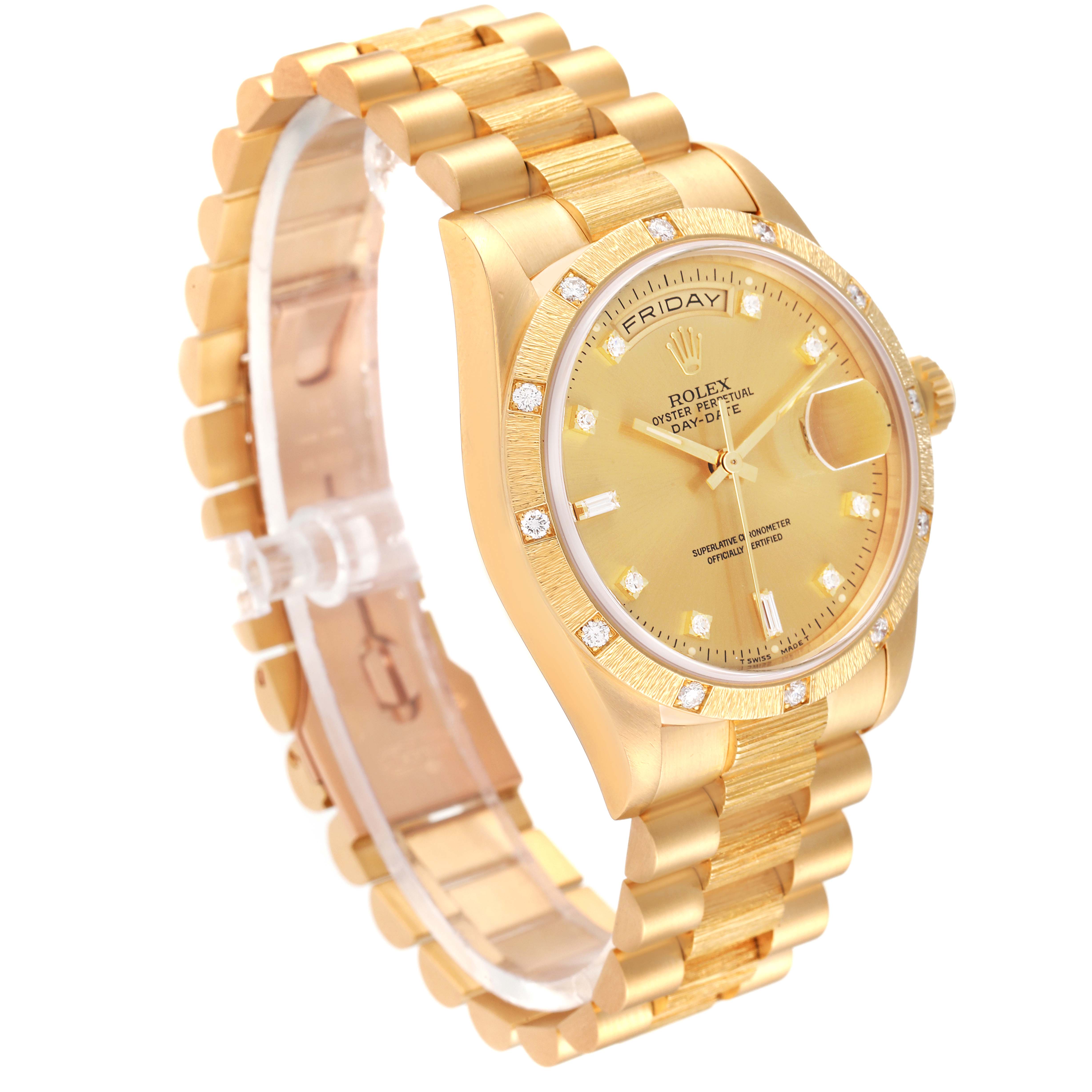 The image shows a Rolex President 18308 Men
s Yellow Gold Champagne Dial 18308 Men
s Yellow Gold Champagne Dial model watch at a three-quarter angle, displaying the gold bracelet, face, bezel, and dial.