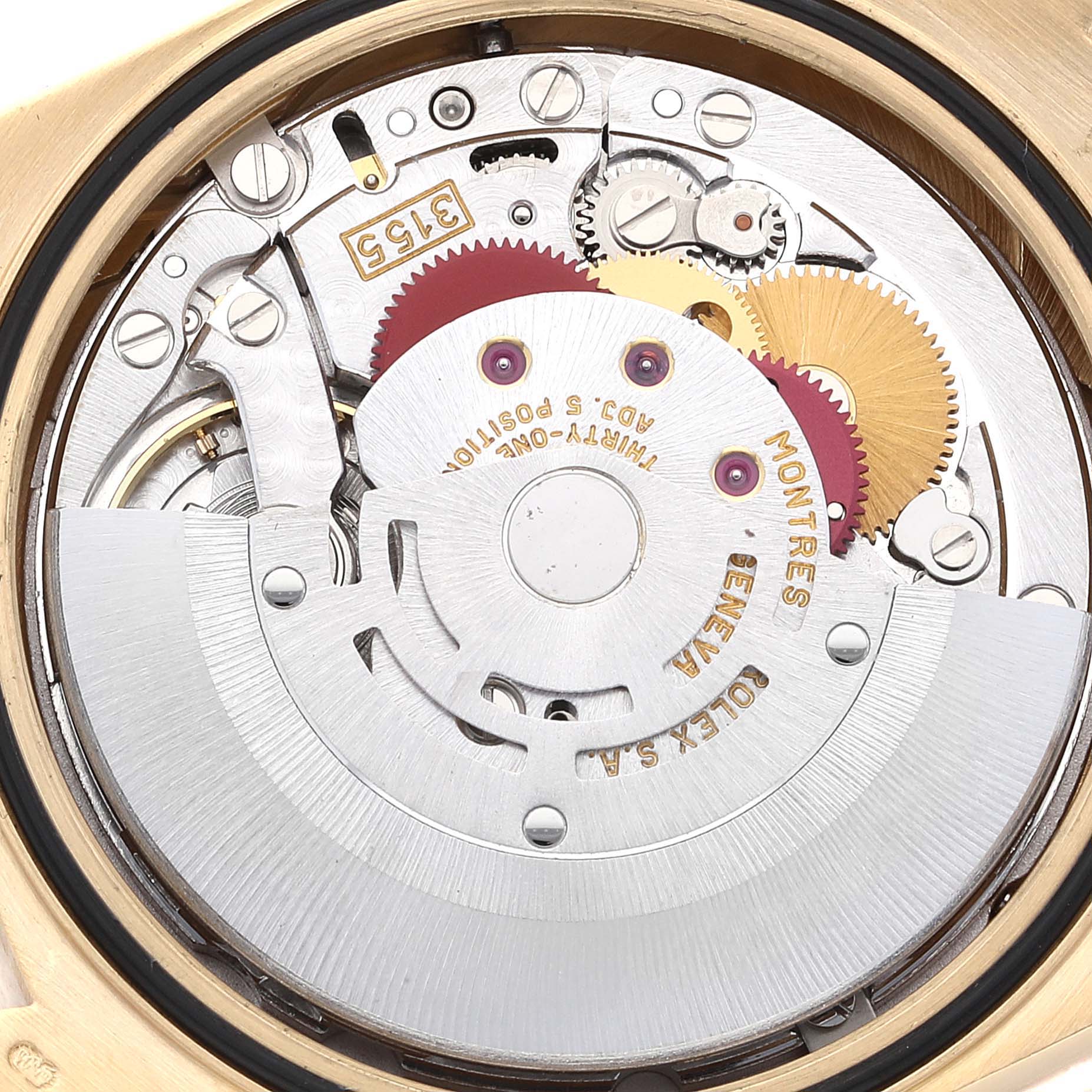 This image shows the internal movement and mechanism of a Rolex President 18308 Men
s Yellow Gold Champagne Dial 18308 Men
s Yellow Gold Champagne Dial model watch from a rear angle.