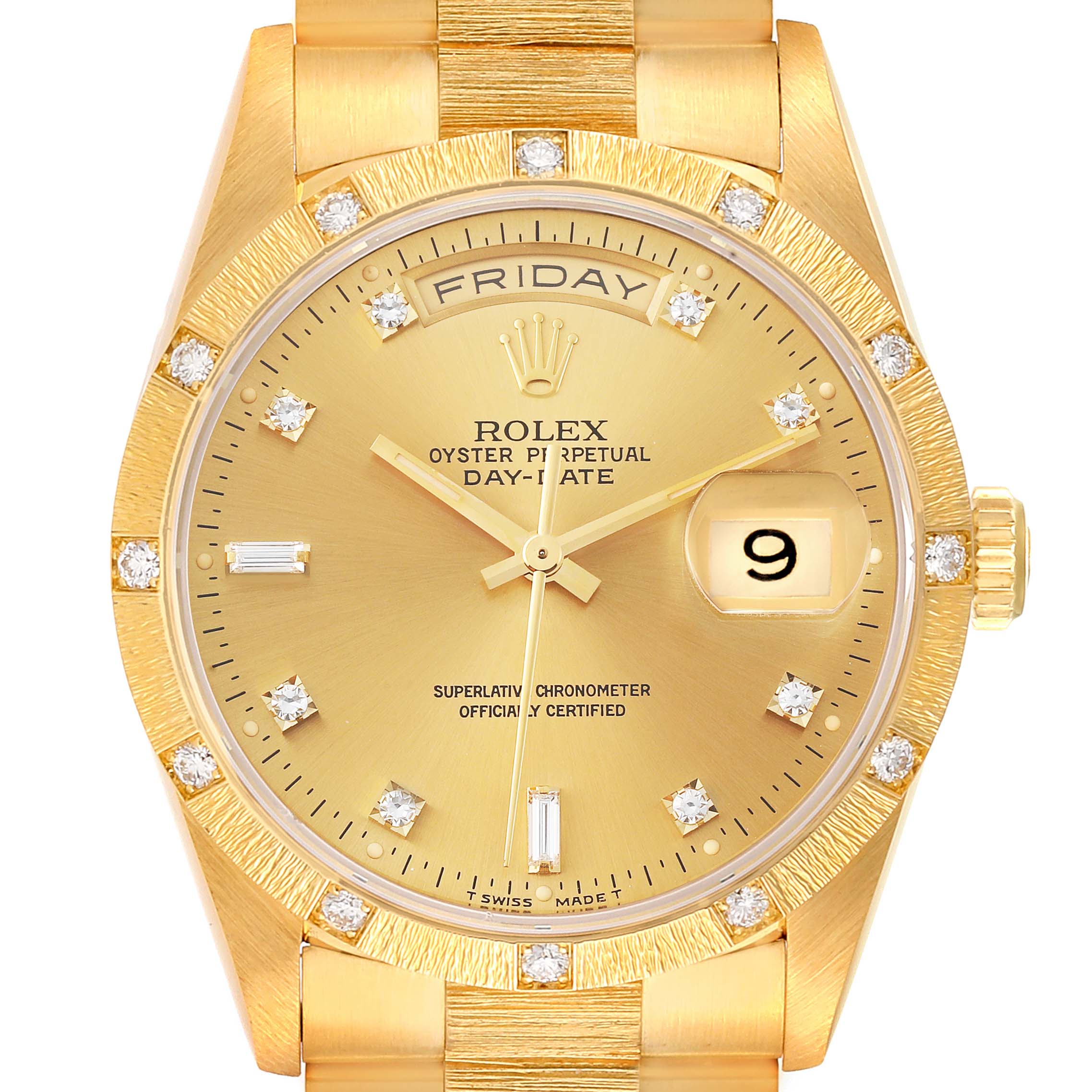 This image shows a close-up of the Rolex President 18308 Men
s Yellow Gold Champagne Dial 18308 Men
s Yellow Gold Champagne Dial model watch, highlighting the dial, bezel, and part of the bracelet.