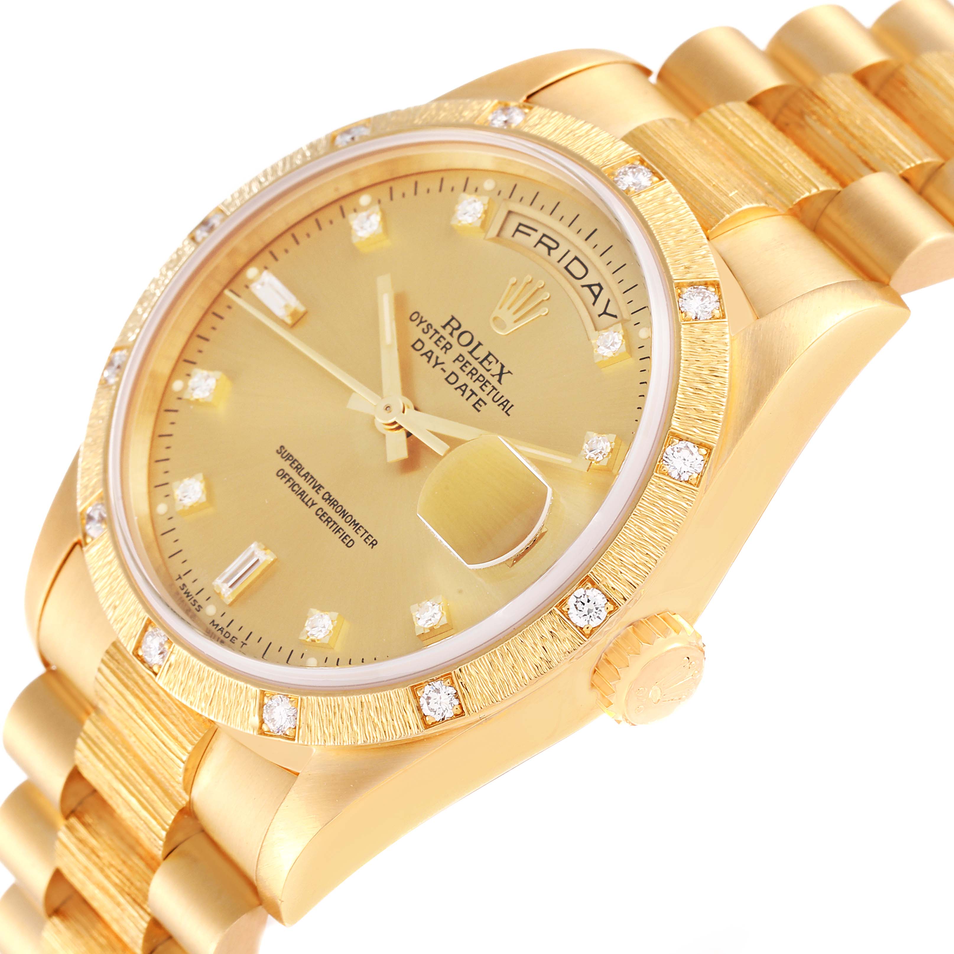 The image shows a close-up angle of the Rolex President 18308 Men
s Yellow Gold Champagne Dial 18308 Men
s Yellow Gold Champagne Dial Day-Date watch, highlighting the dial, bracelet, crown, and bezel.