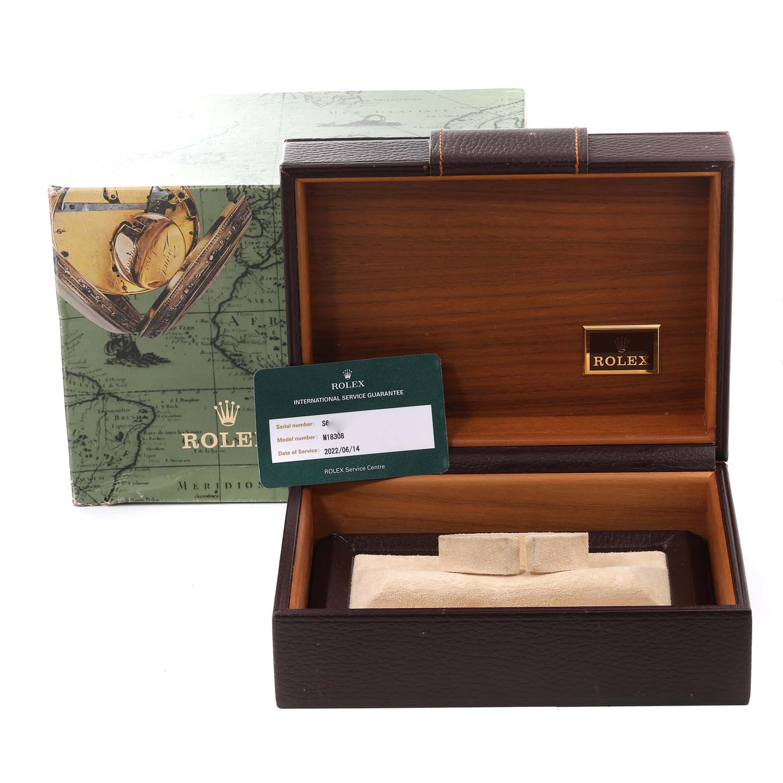 The image shows an empty Rolex President 18308 Men
s Yellow Gold Champagne Dial 18308 Men
s Yellow Gold Champagne Dial model watch box with a guarantee card, angled to display the interior and packaging.