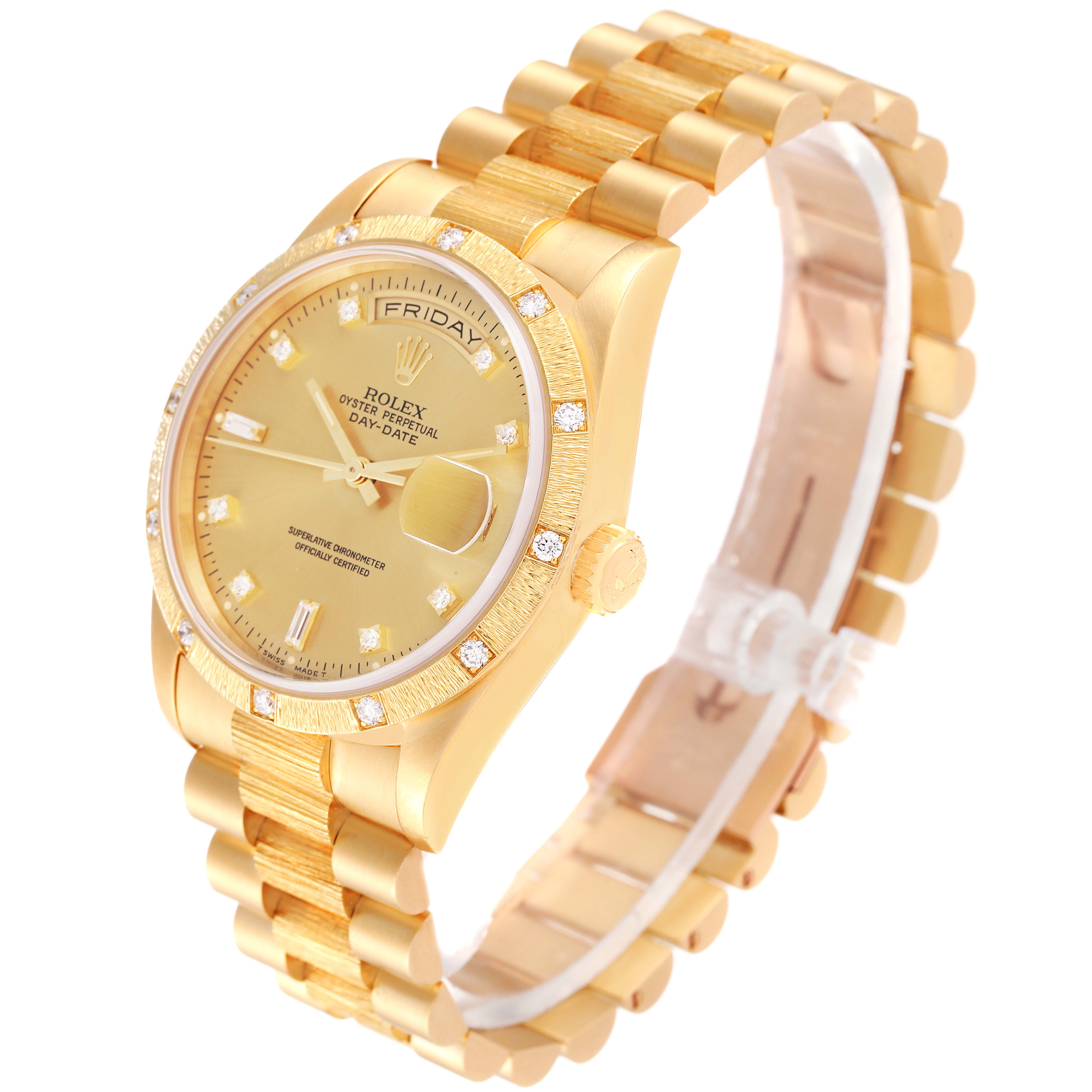 The Rolex President 18308 Men
s Yellow Gold Champagne Dial 18308 Men
s Yellow Gold Champagne Dial model watch is shown at a slight angle, displaying the gold case, diamond bezel, and bracelet.