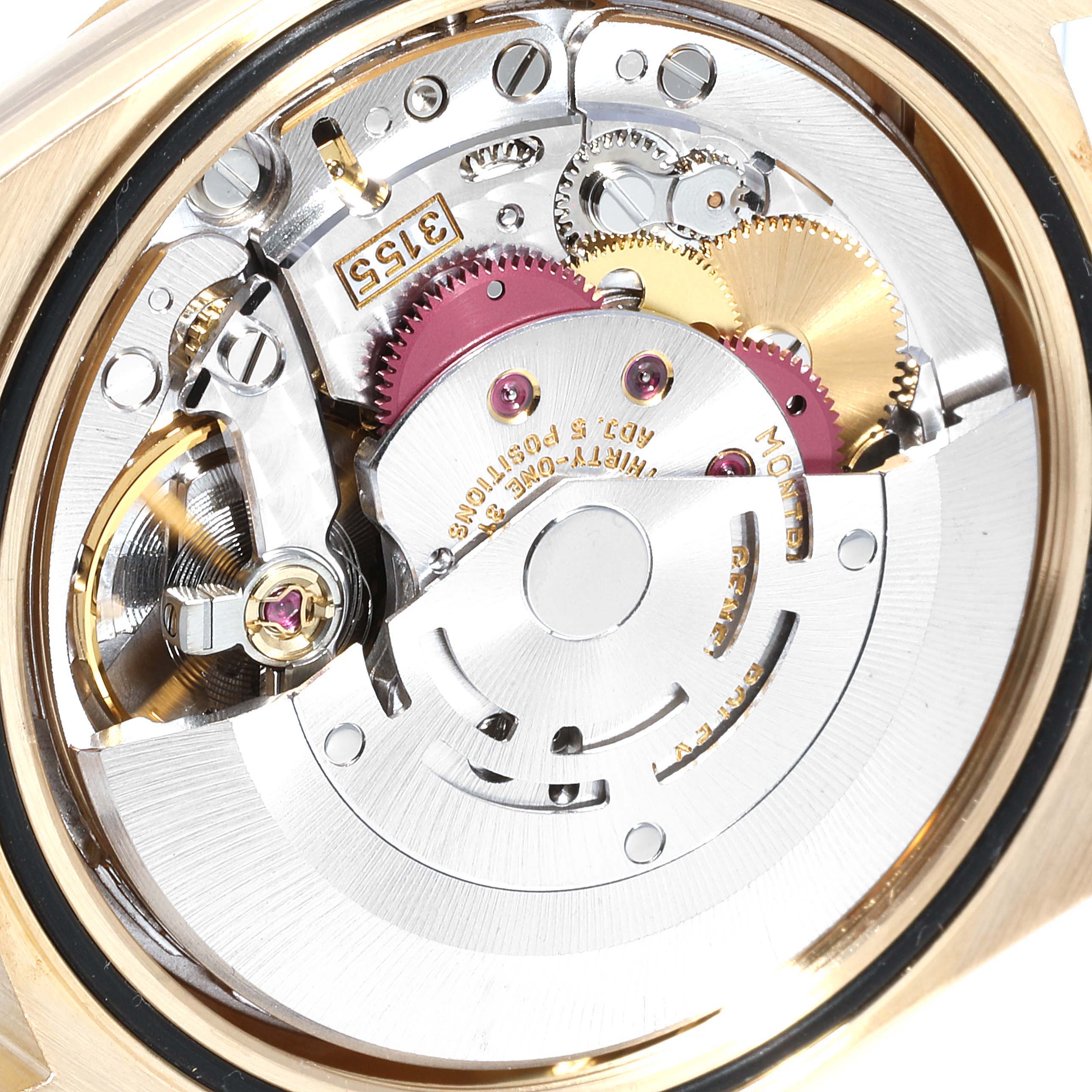 This image shows the detailed internal mechanism of the Rolex President 18238 Men
s Yellow Gold White Dial 18238 Men
s Yellow Gold White Dial model watch from a close-up angle.