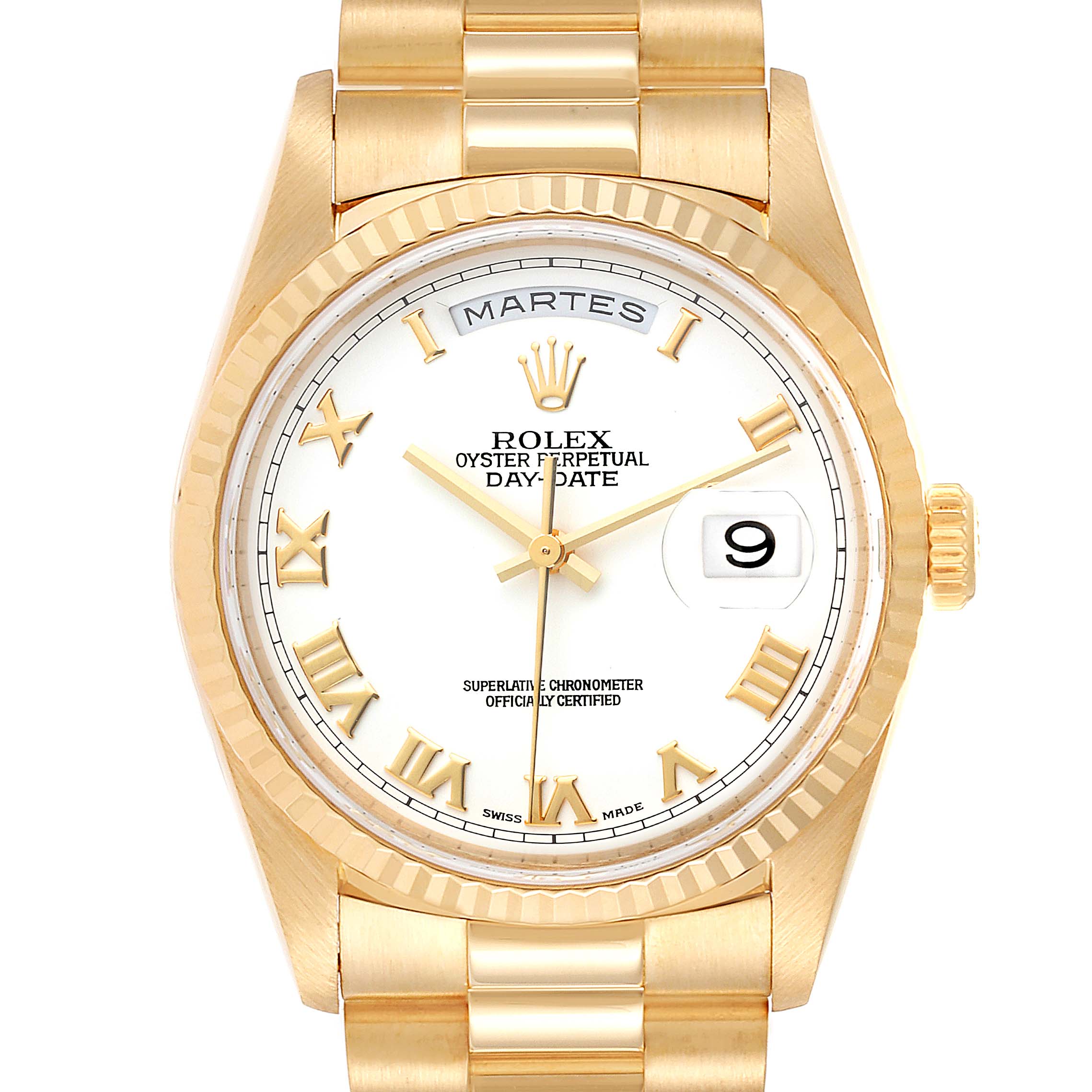 This image shows a frontal view of the Rolex President 18238 Men
s Yellow Gold White Dial 18238 Men
s Yellow Gold White Dial model, highlighting its white dial, day-date window, gold Roman numerals, and gold bracelet.