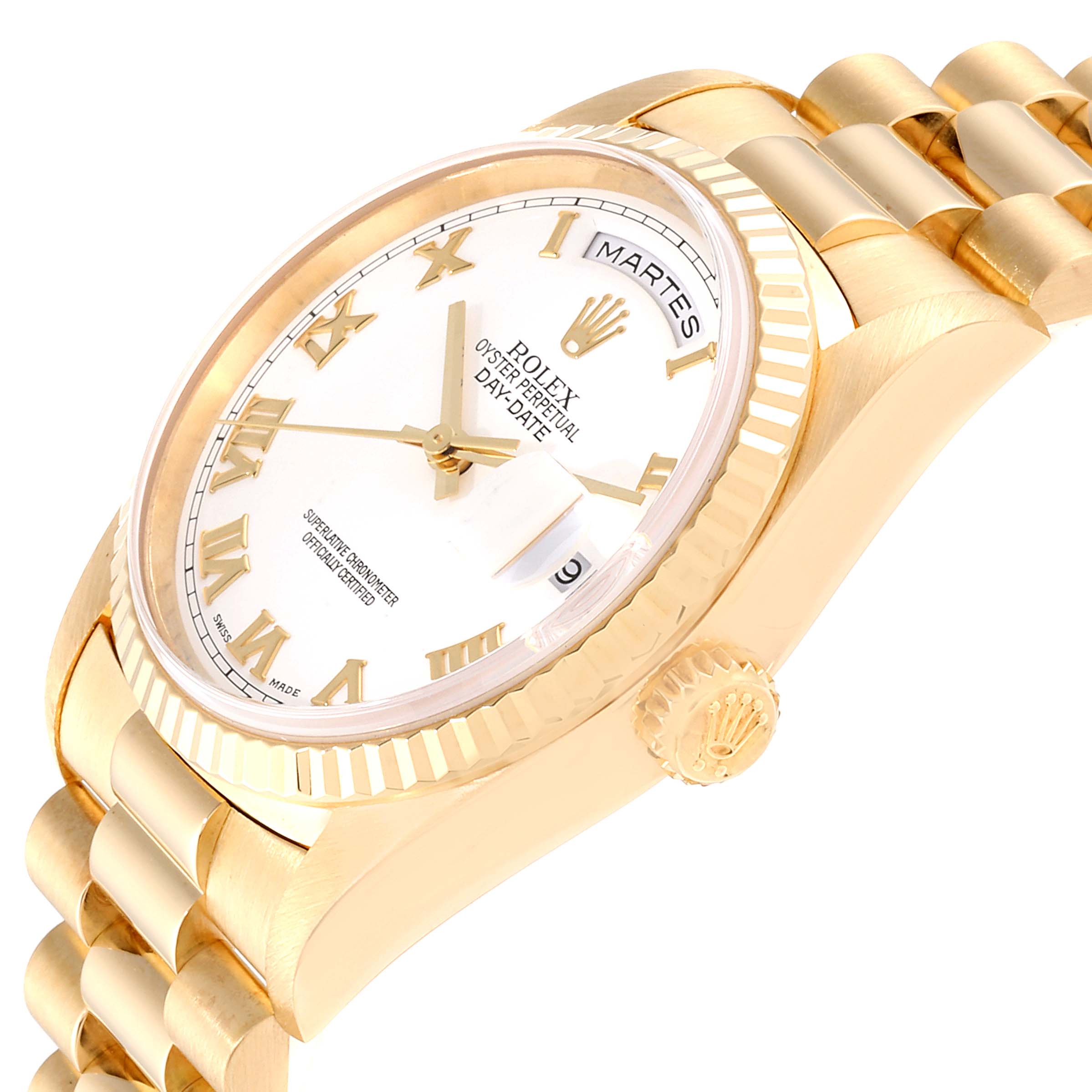 The image shows a side angle of a Rolex President 18238 Men
s Yellow Gold White Dial 18238 Men
s Yellow Gold White Dial watch, highlighting the crown, dial, and part of the bracelet.