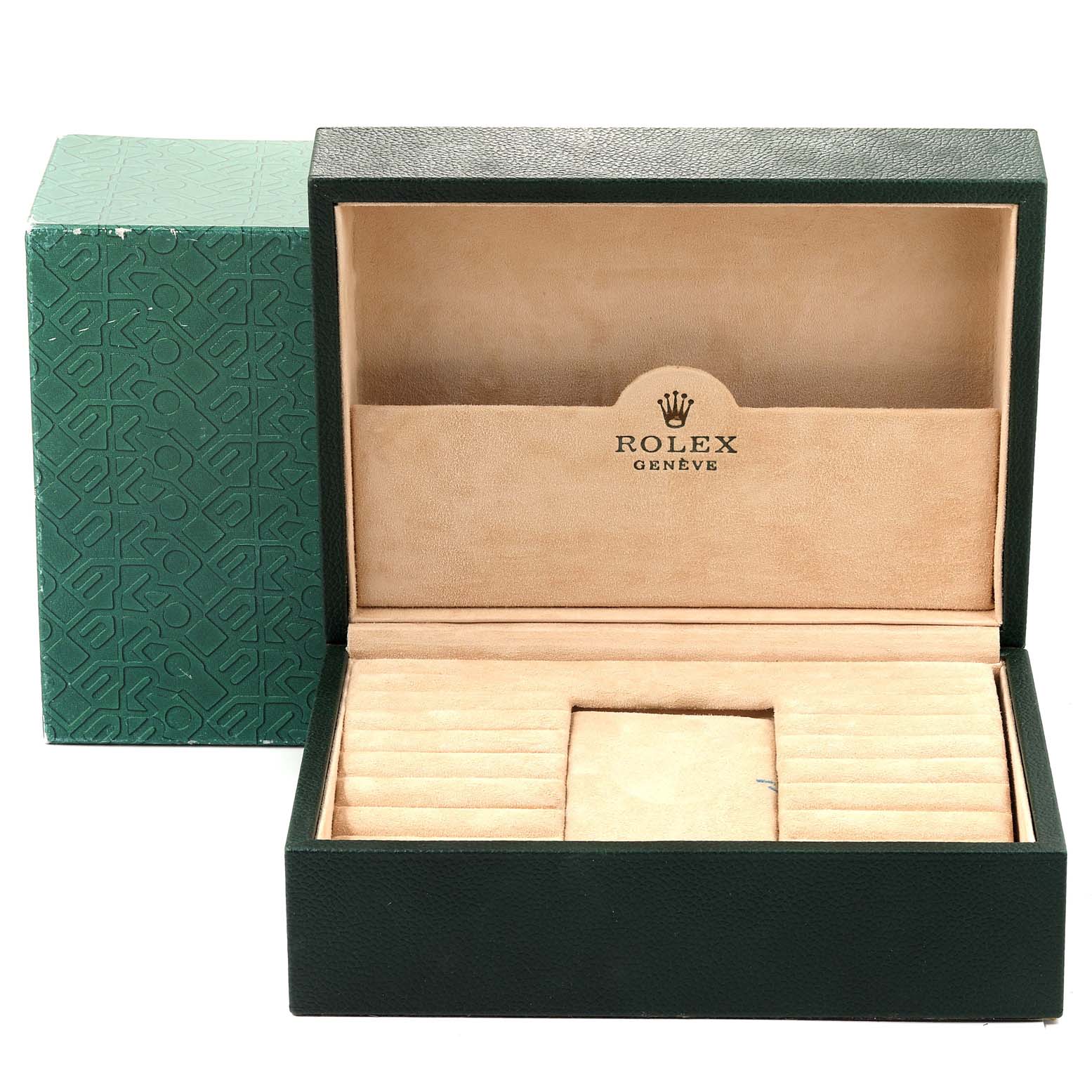 This image shows an empty Rolex President 18238 Men
s Yellow Gold White Dial 18238 Men
s Yellow Gold White Dial model watch box and its packaging from a front angle.