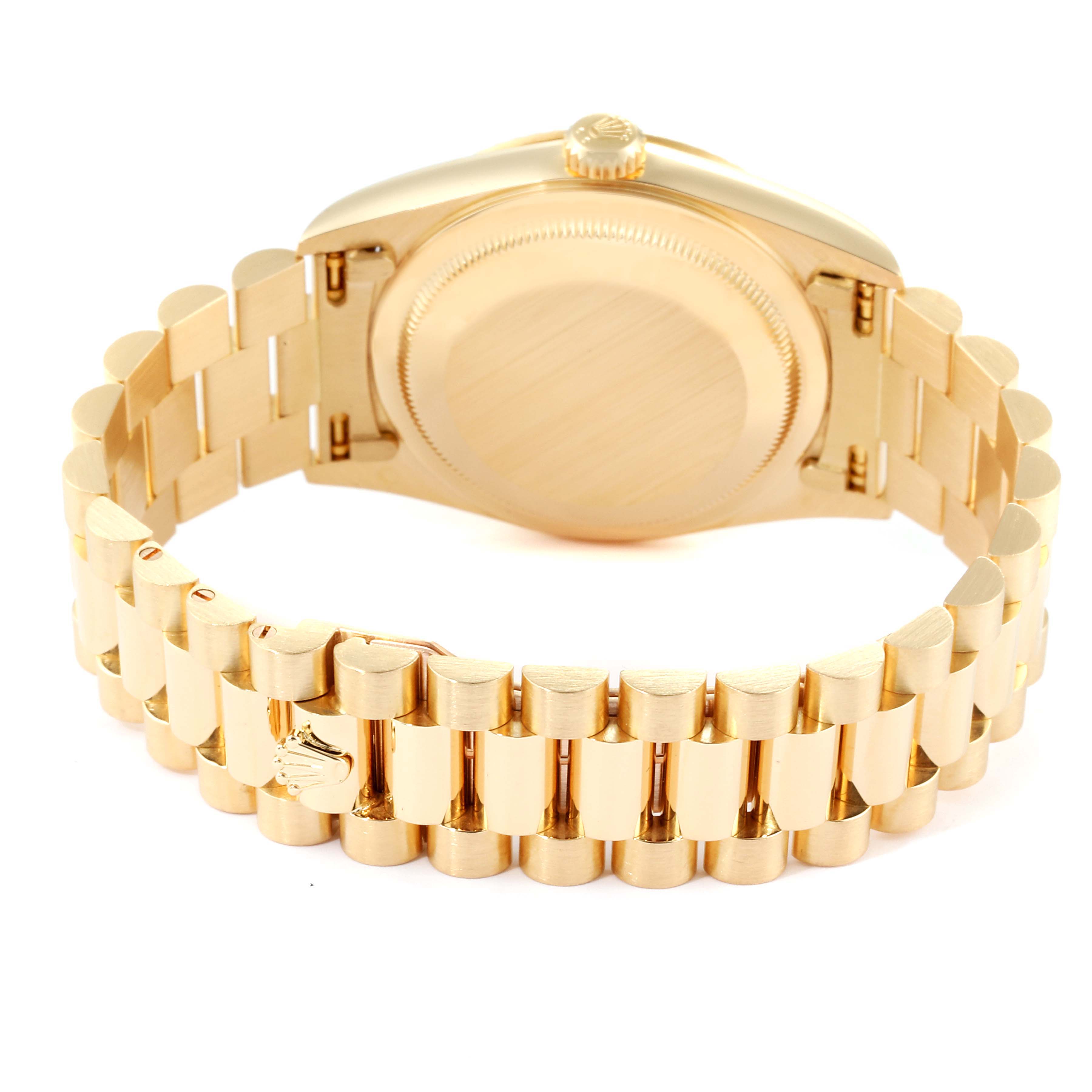The image shows the back case and bracelet of a Rolex President 18238 Men
s Yellow Gold White Dial 18238 Men
s Yellow Gold White Dial model watch from an angled rear view.