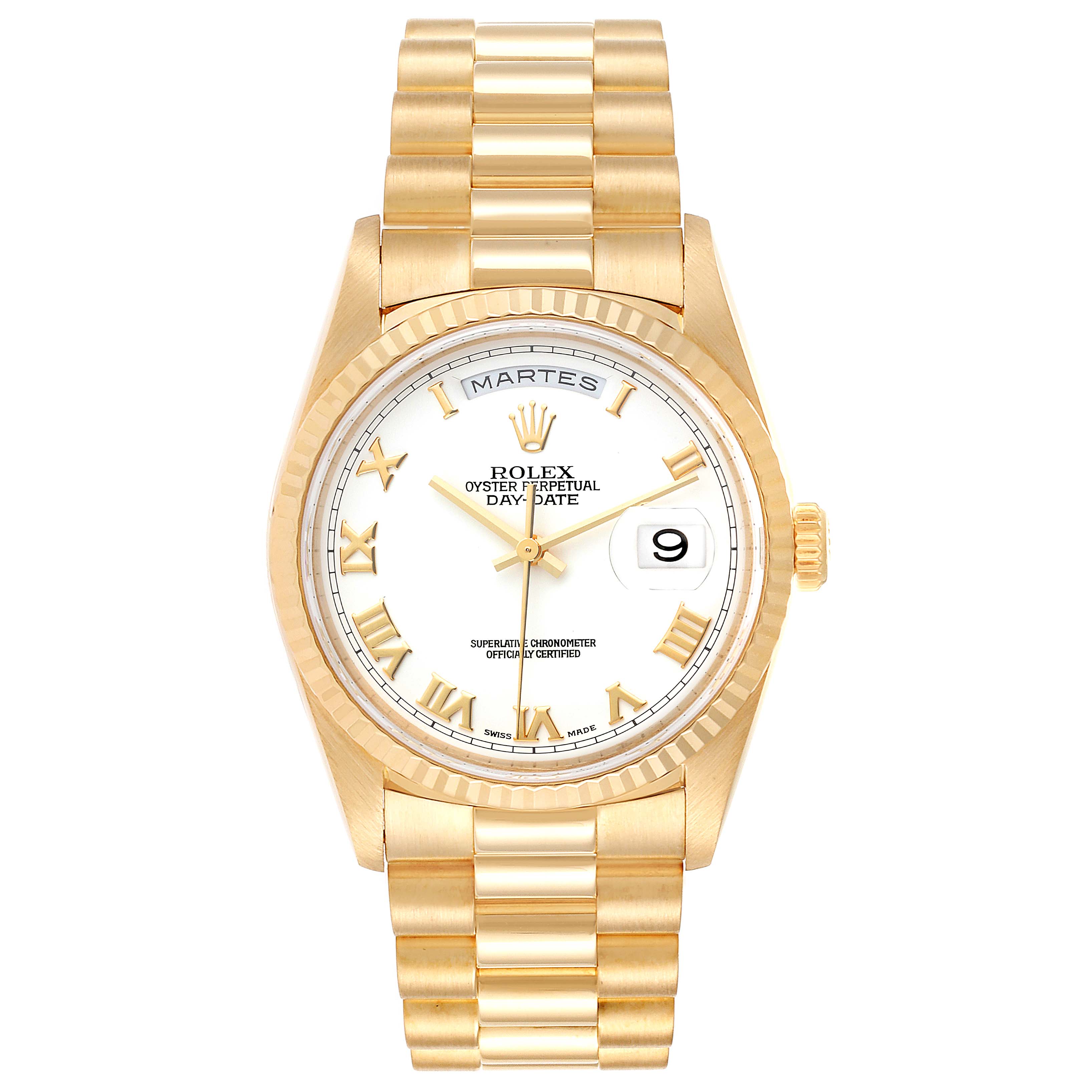 This image shows a frontal view of a Rolex President 18238 Men
s Yellow Gold White Dial 18238 Men
s Yellow Gold White Dial model watch, highlighting the dial, day-date display, and gold bracelet.