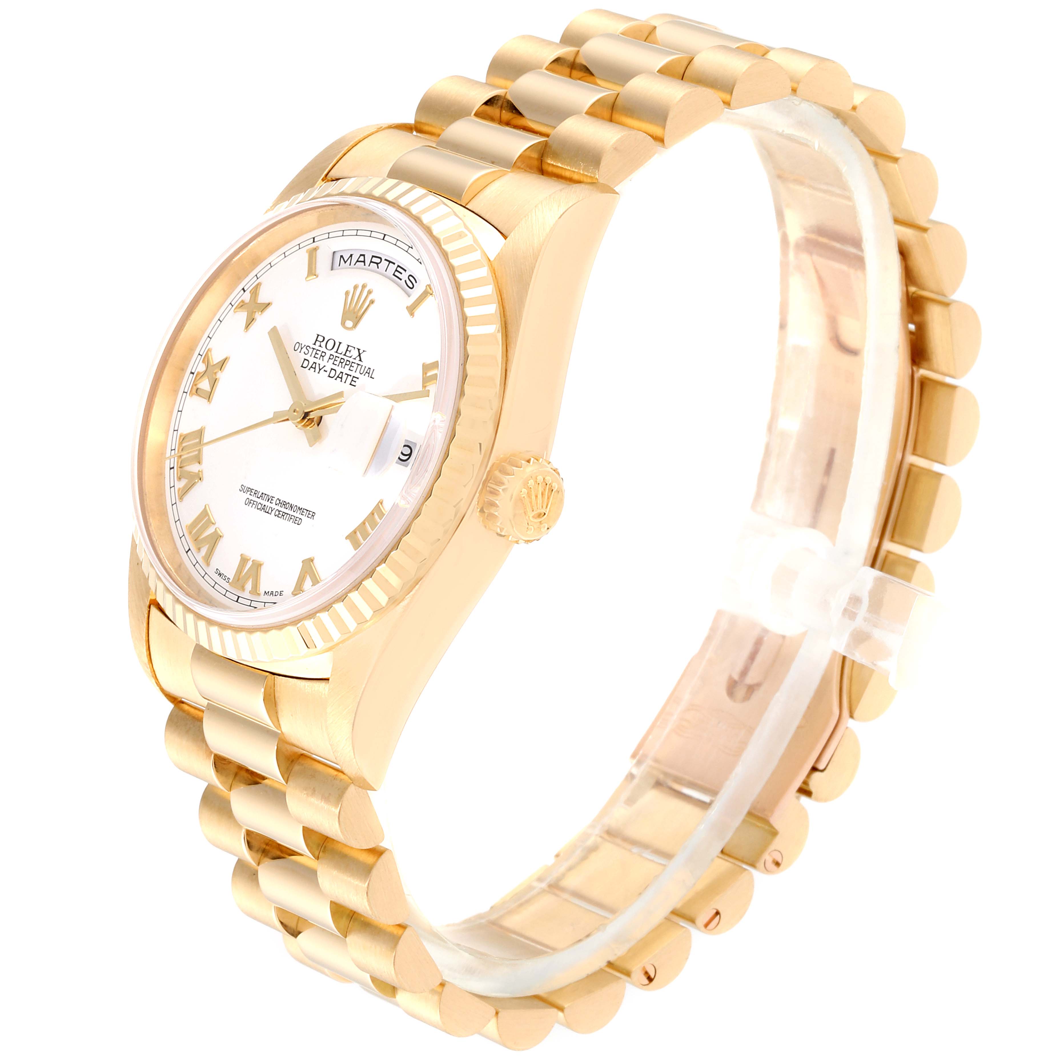 This image showcases the Rolex President 18238 Men
s Yellow Gold White Dial 18238 Men
s Yellow Gold White Dial model watch at a slight angle, highlighting its gold case, bracelet, and dial.