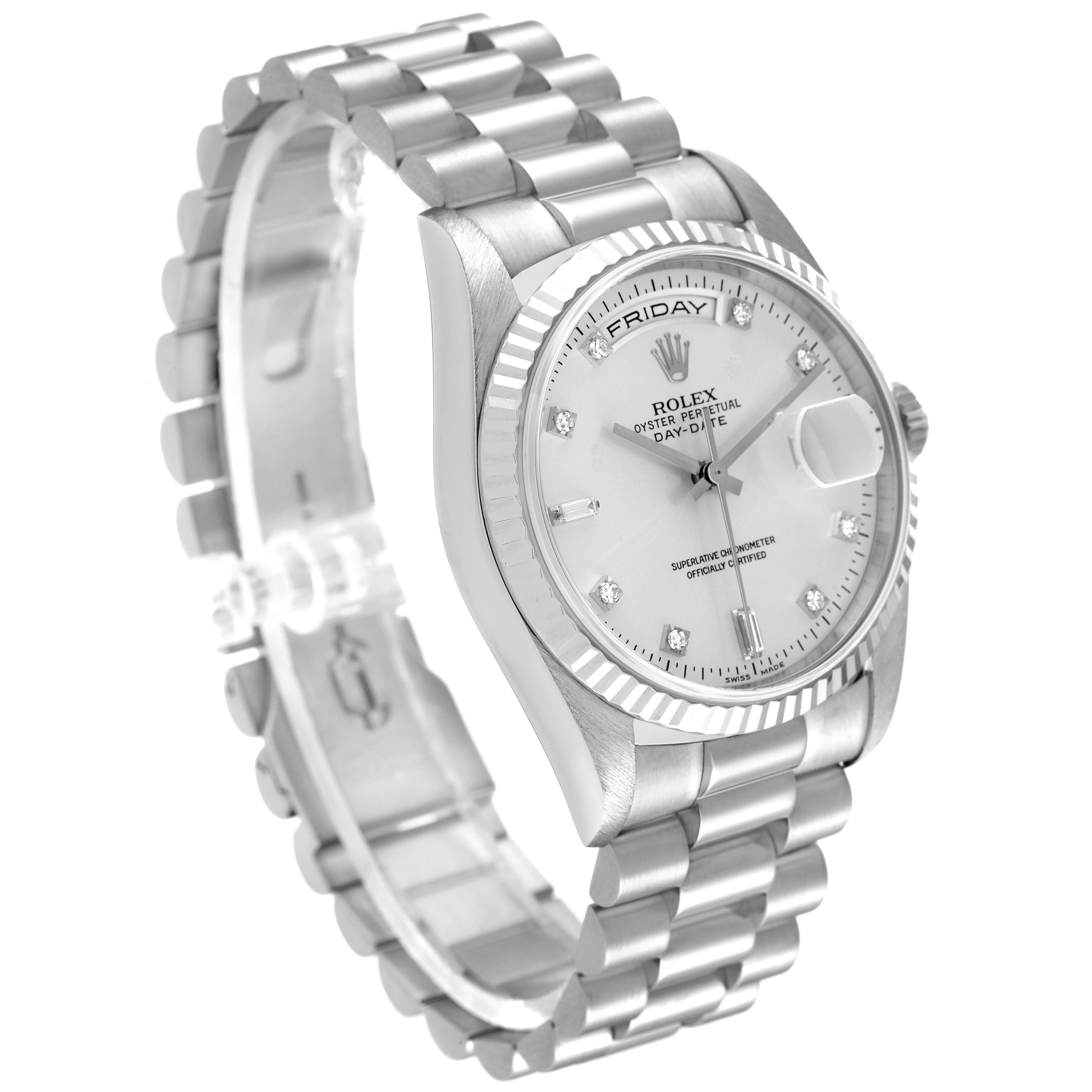 The image shows a side angle of the Rolex President 18239 Men's White Gold Silver Dial 18239 Men's White Gold Silver Dial model, featuring the bezel, dial, and bracelet.
