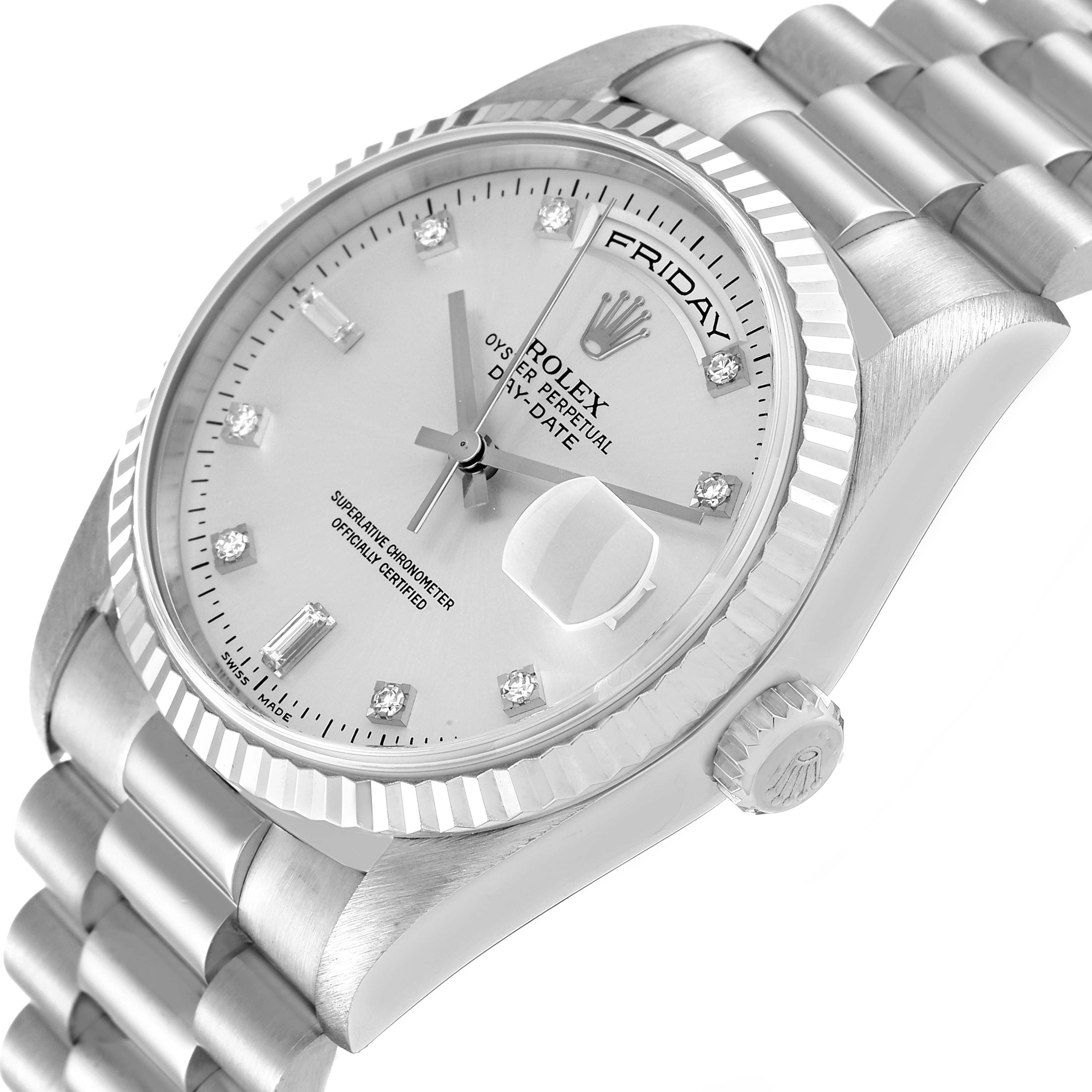 The image shows a close-up side angle of a Rolex President 18239 Men's White Gold Silver Dial 18239 Men's White Gold Silver Dial model watch, highlighting the dial, bezel, crown, and part of the bracelet.