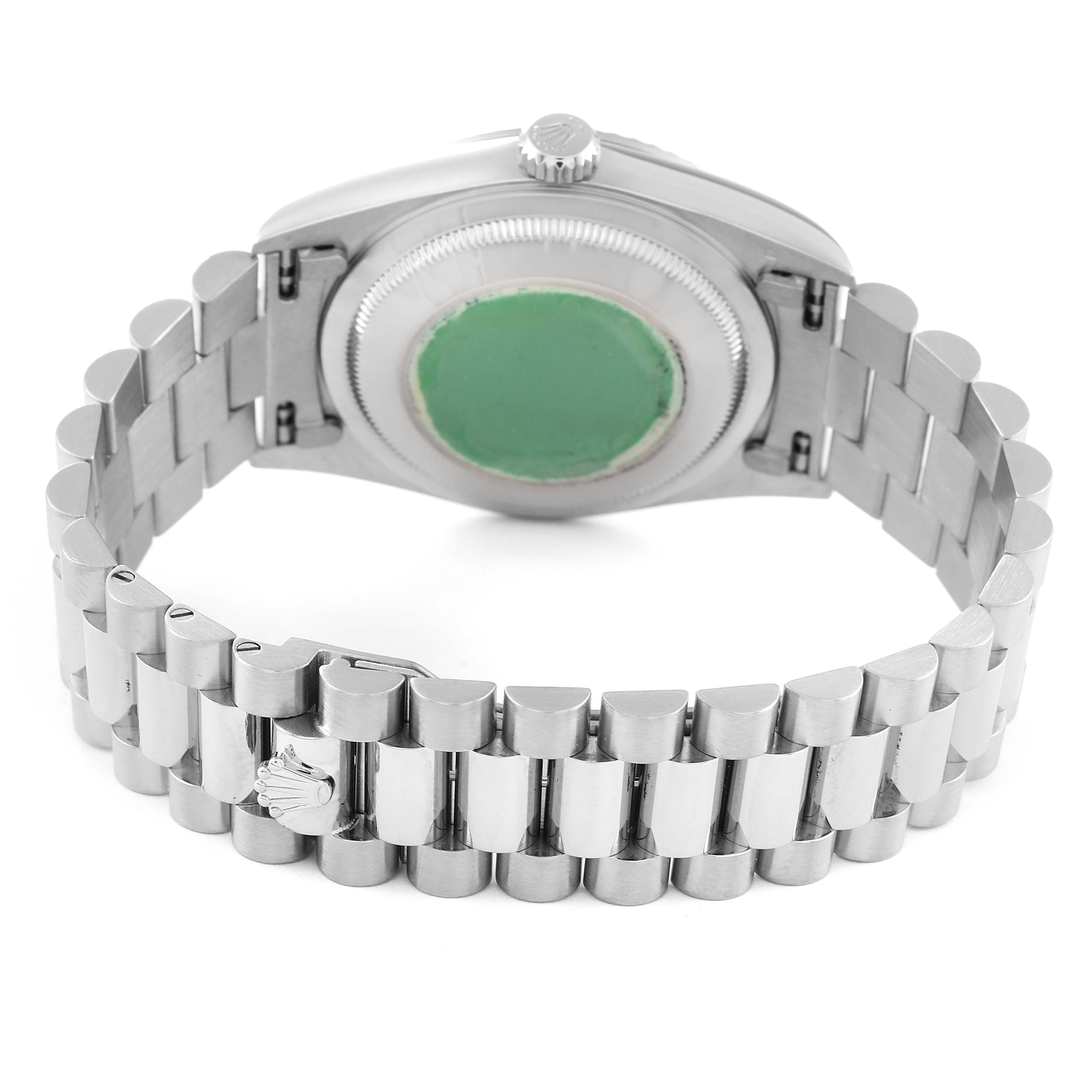 The image shows the back and bracelet of a Rolex President 18239 Men's White Gold Silver Dial 18239 Men's White Gold Silver Dial model watch.