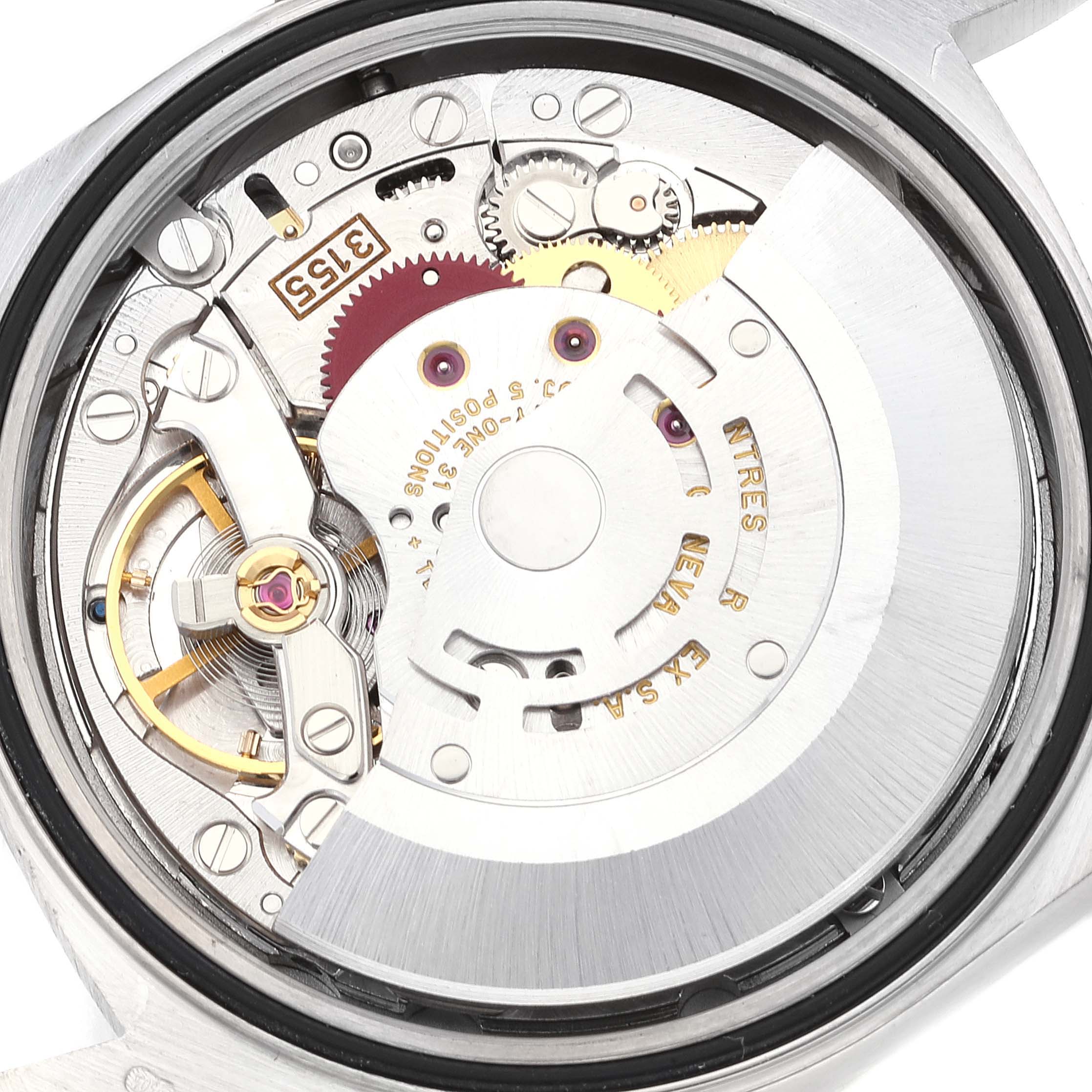The image shows a close-up view of the movement inside a Rolex President 18239 Men's White Gold Silver Dial 18239 Men's White Gold Silver Dial model watch, highlighting its intricate gears and components.