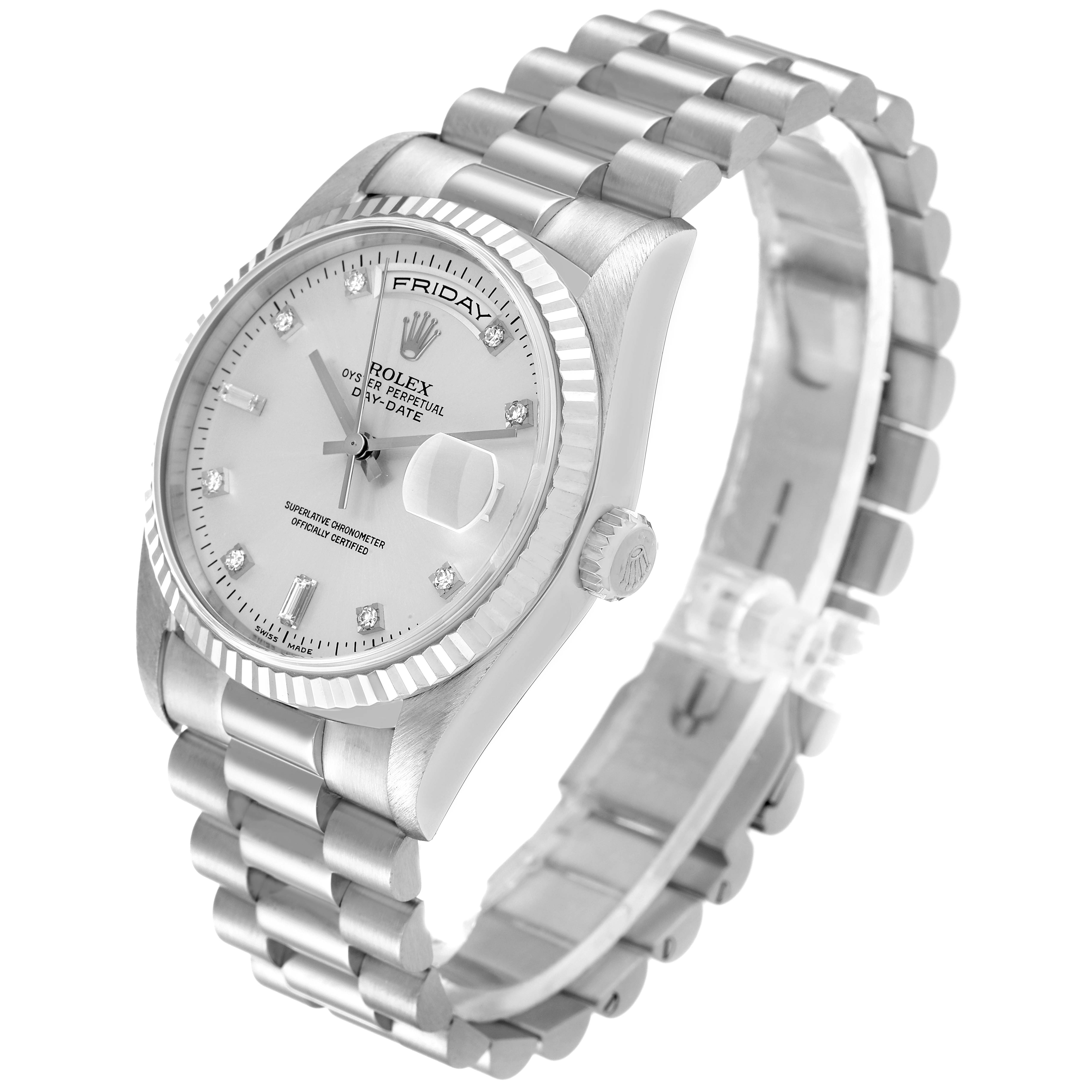 This image shows a Rolex President 18239 Men's White Gold Silver Dial 18239 Men's White Gold Silver Dial model watch at an oblique angle displaying its dial, bezel, bracelet, and crown.