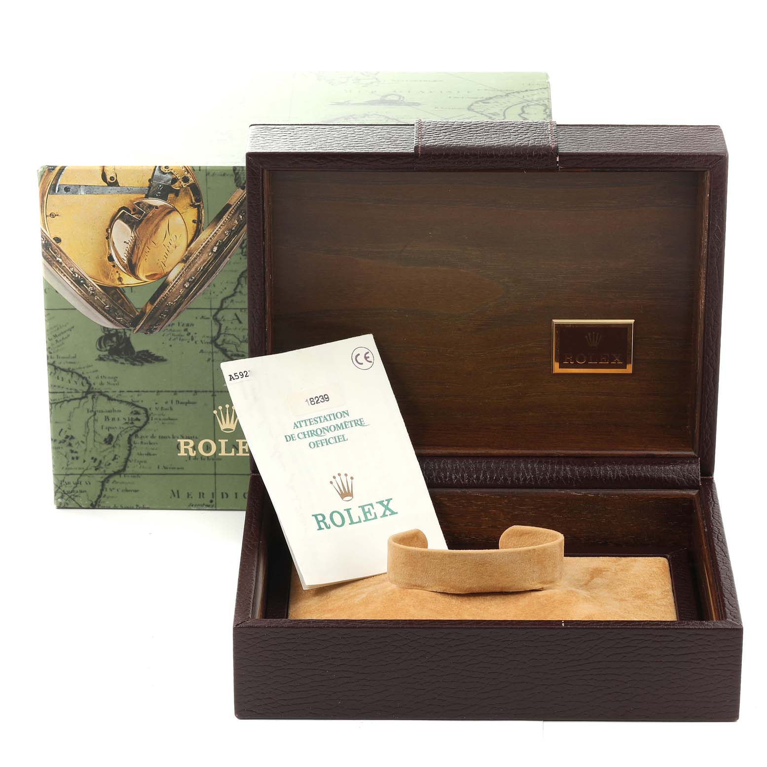 The image shows the box and accessories, including documentation, for a Rolex President 18239 Men's White Gold Silver Dial 18239 Men's White Gold Silver Dial model watch.