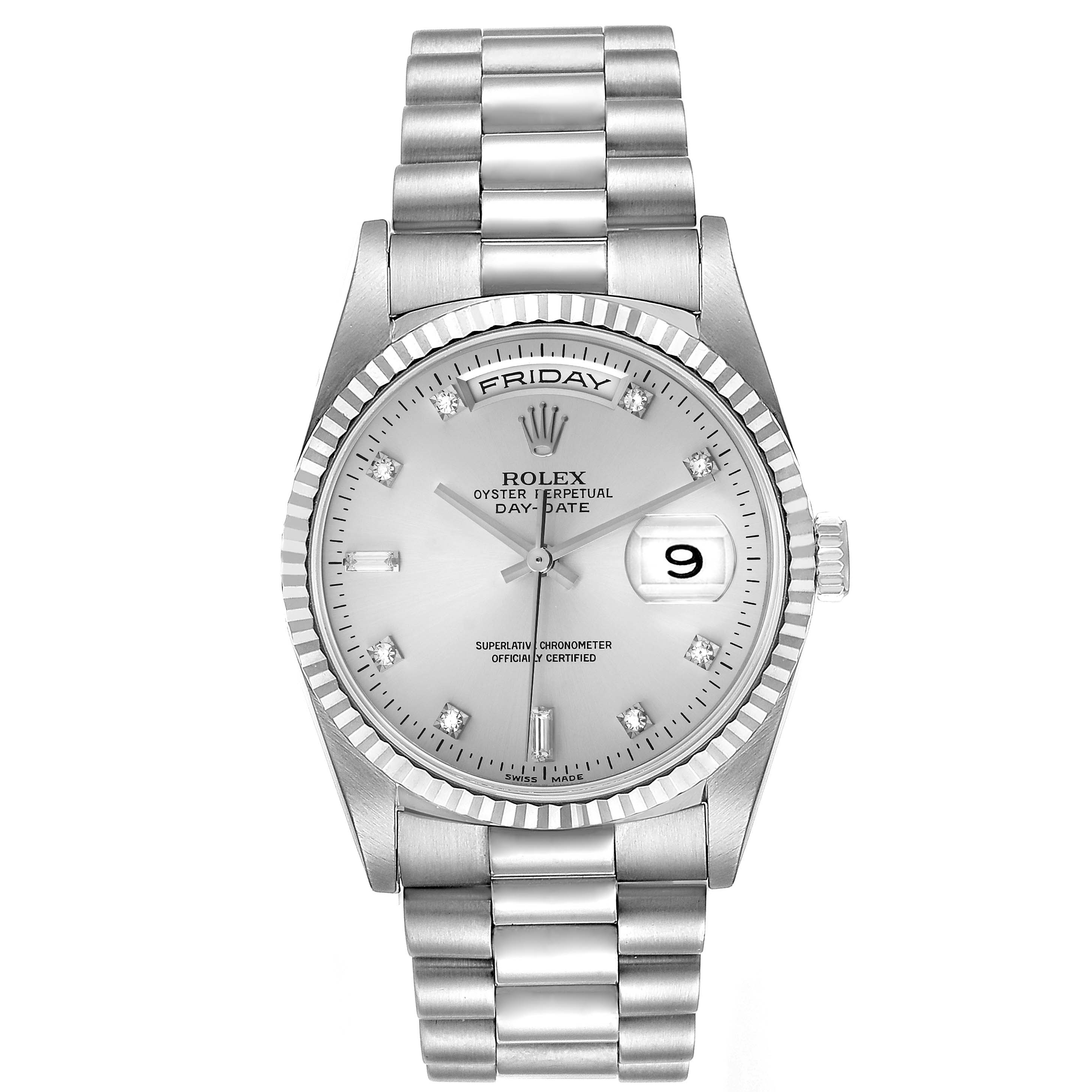 The image shows a front view of the Rolex President 18239 Men's White Gold Silver Dial 18239 Men's White Gold Silver Dial model watch, highlighting the dial, bezel, bracelet, and crown.