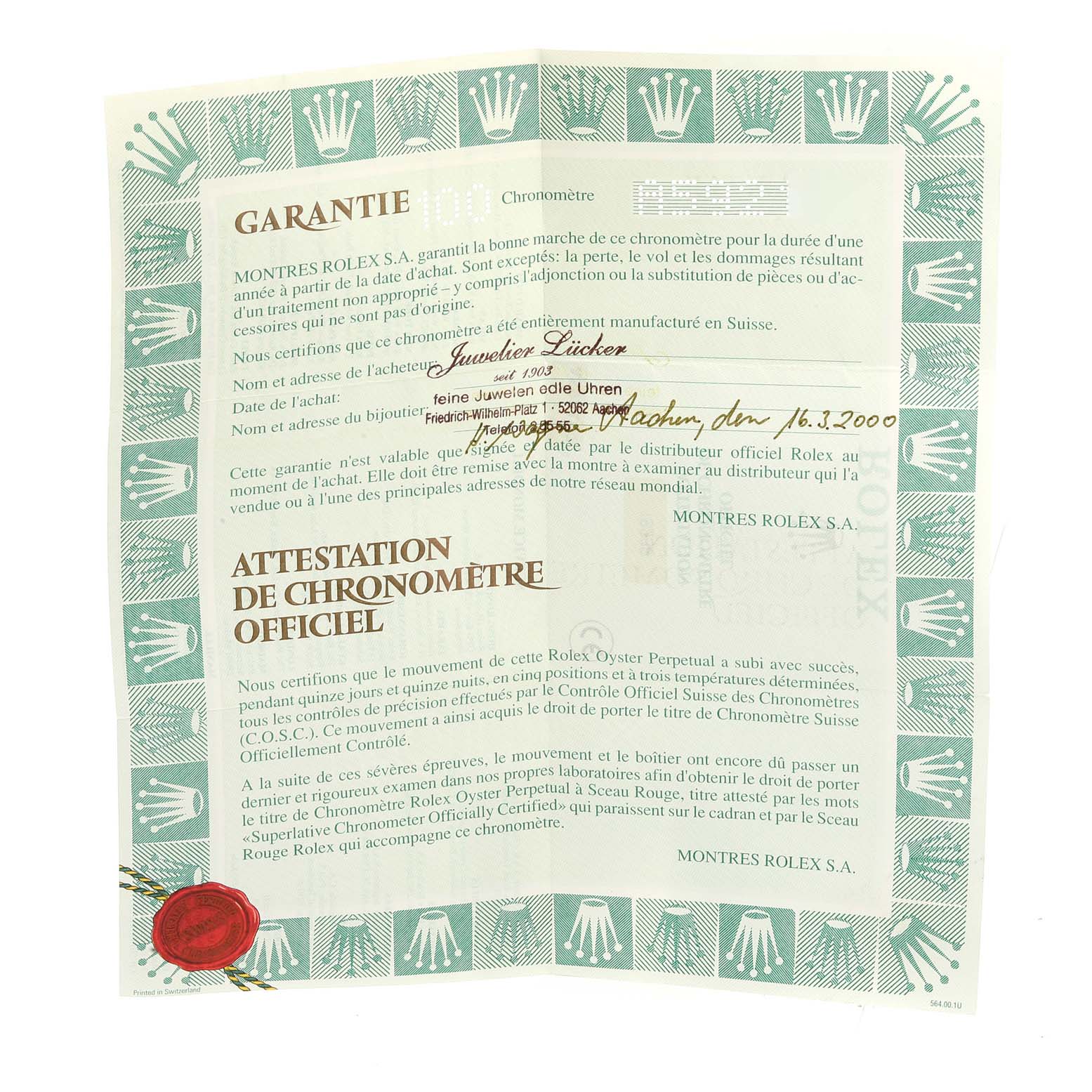 The image shows a certificate and warranty for the Rolex President 18239 Men's White Gold Silver Dial 18239 Men's White Gold Silver Dial model watch.