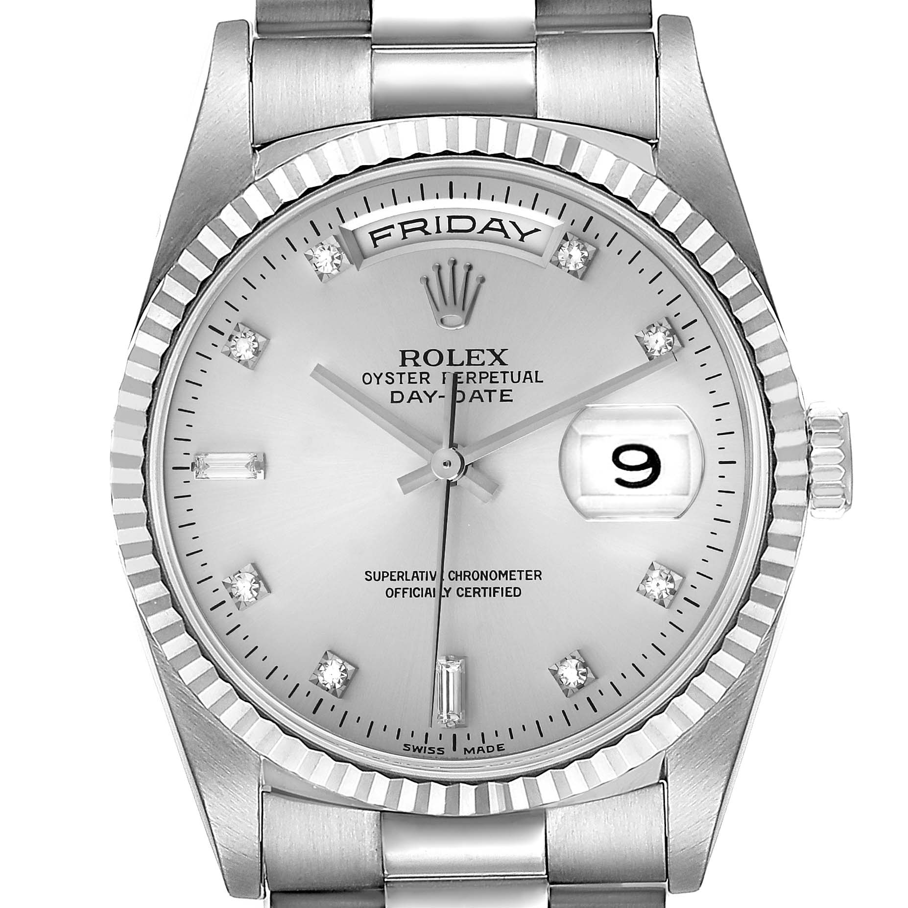This image shows a frontal view of a Rolex President 18239 Men's White Gold Silver Dial 18239 Men's White Gold Silver Dial model watch, highlighting the dial, date display, and bracelet.