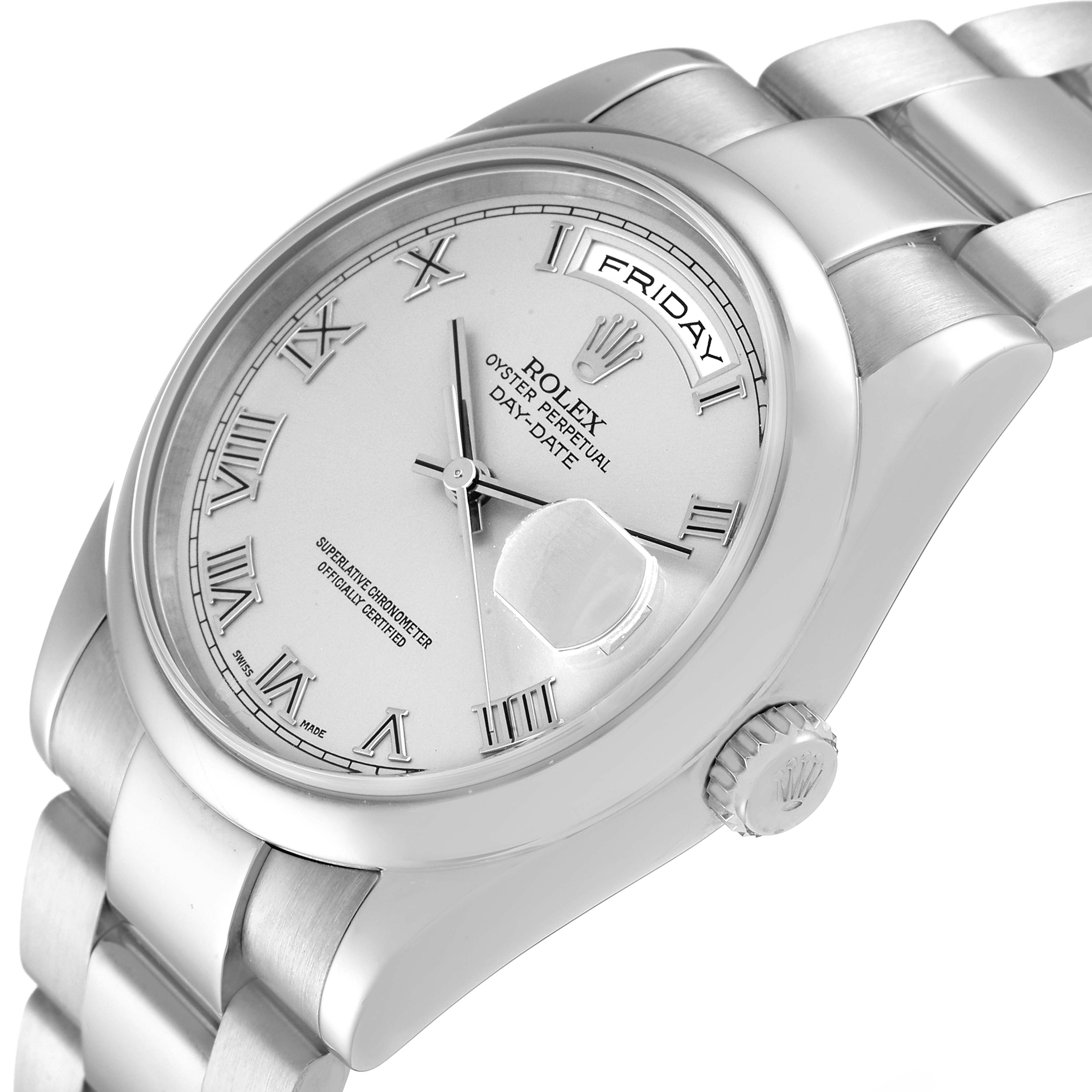 The image shows a Rolex President 118209 Men's White Gold Silver Dial 118209 Men's White Gold Silver Dial model watch from an angled side view, displaying the face, bezel, crown, and part of the bracelet.