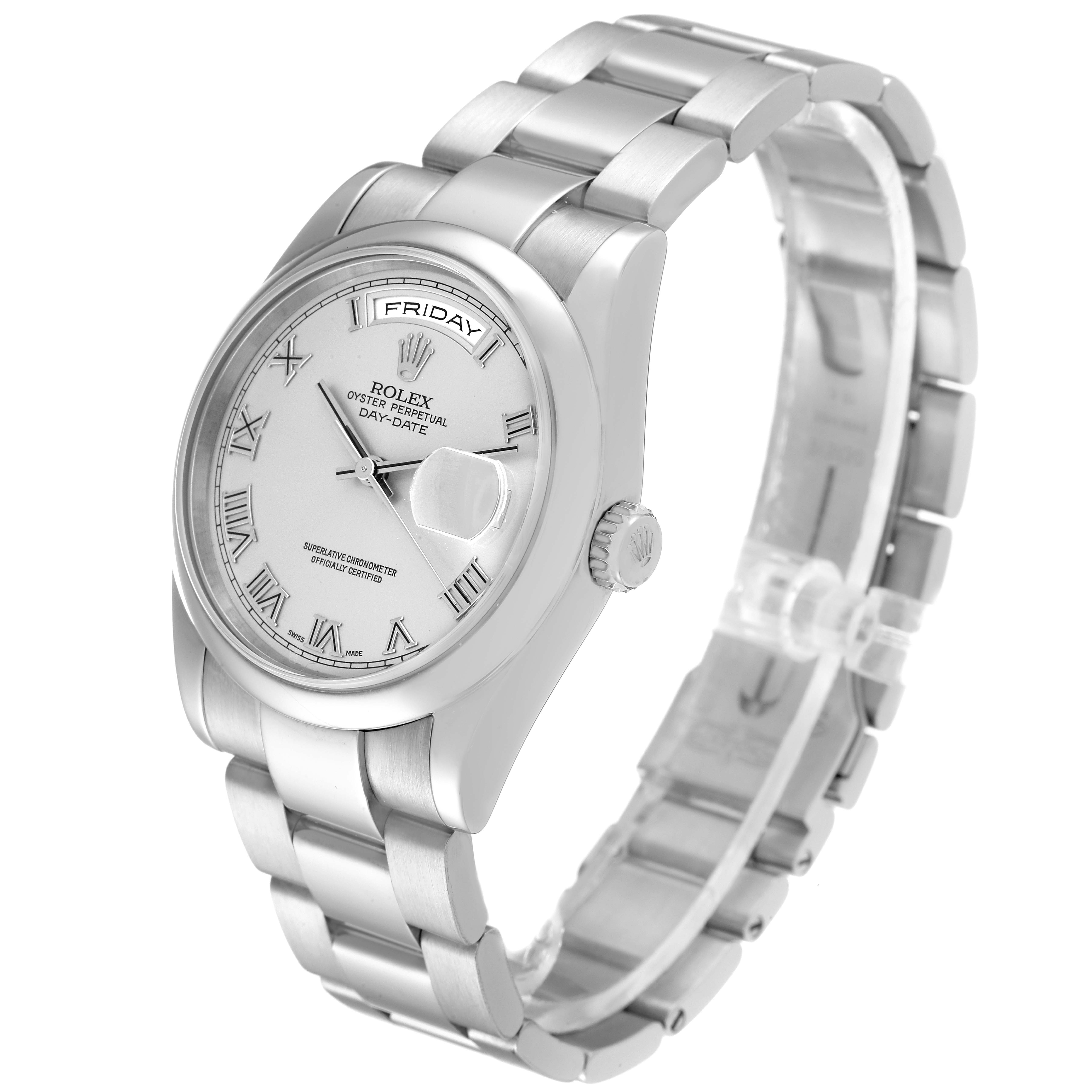 The image shows a Rolex President 118209 Men's White Gold Silver Dial 118209 Men's White Gold Silver Dial model watch at an angled view, highlighting the dial, Roman numerals, bracelet, and crown.