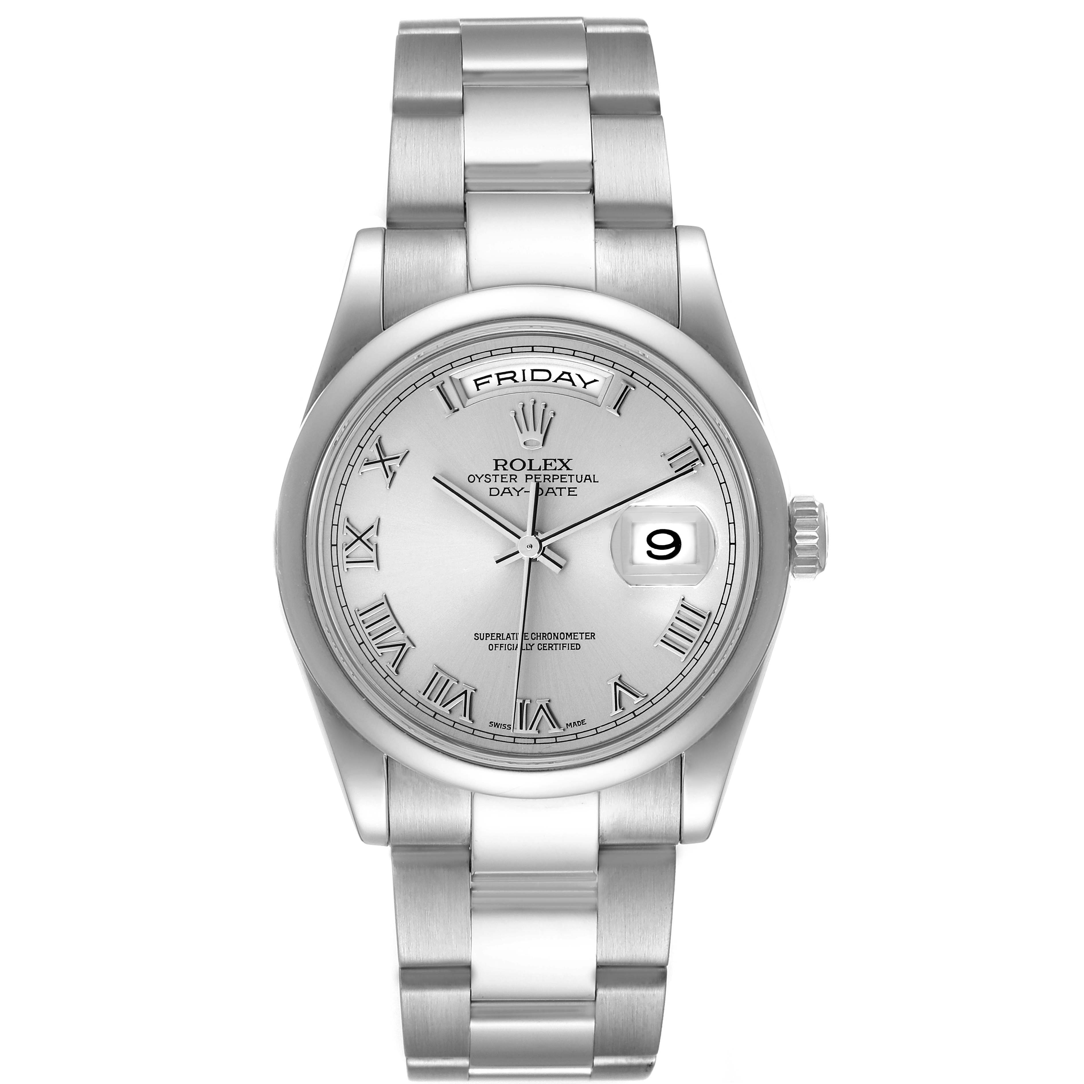 This image shows a front view of the Rolex President 118209 Men's White Gold Silver Dial 118209 Men's White Gold Silver Dial model watch, featuring its dial, bezel, bracelet, and crown.