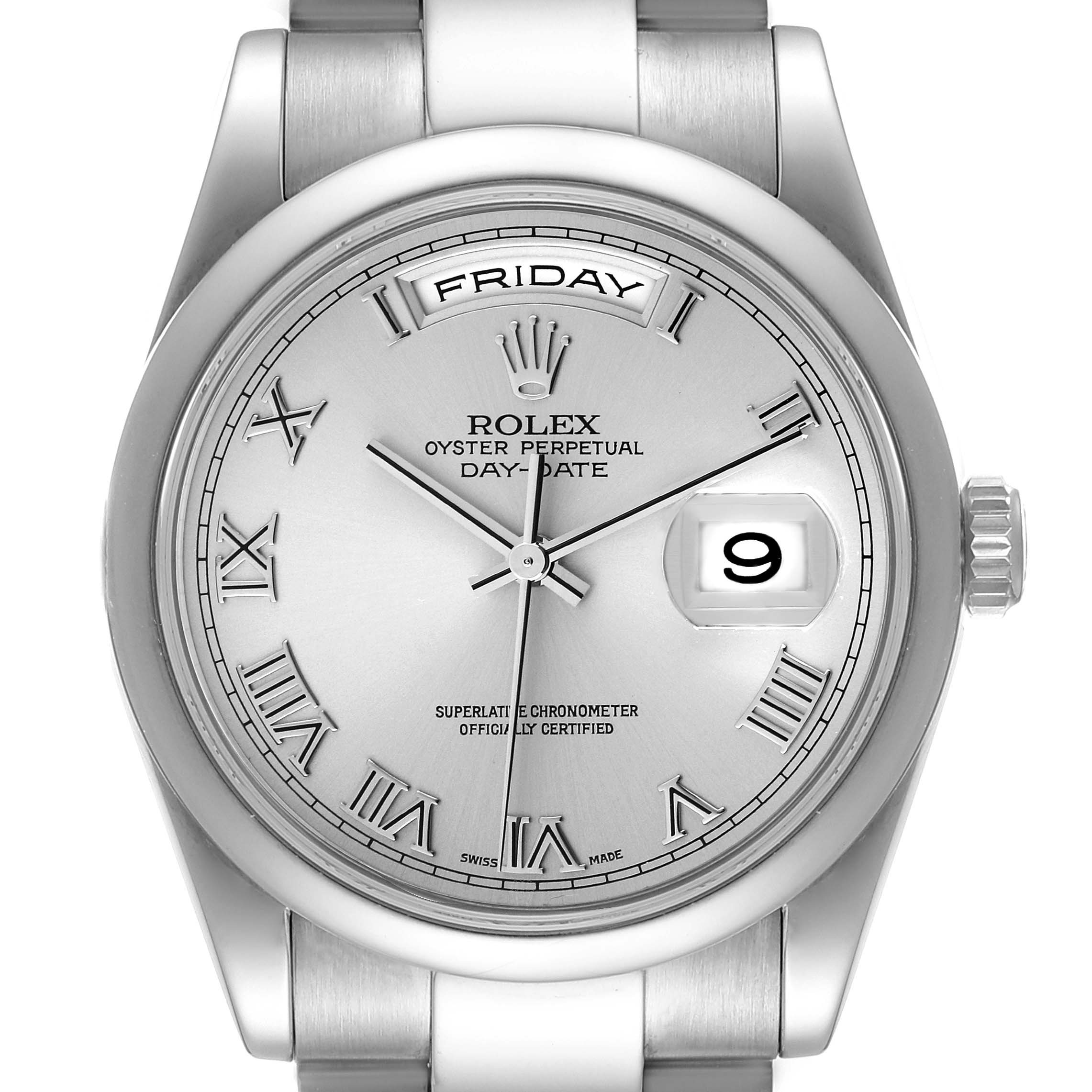 The image shows a front view of a Rolex President 118209 Men's White Gold Silver Dial 118209 Men's White Gold Silver Dial model watch, featuring the dial, day, and date display.