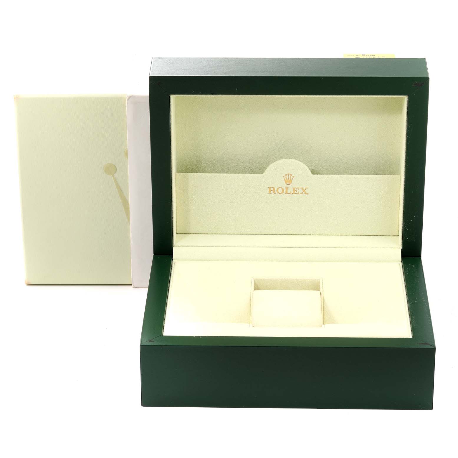The image shows an open Rolex watch box for the President model, revealing the interior compartments and Rolex logo.