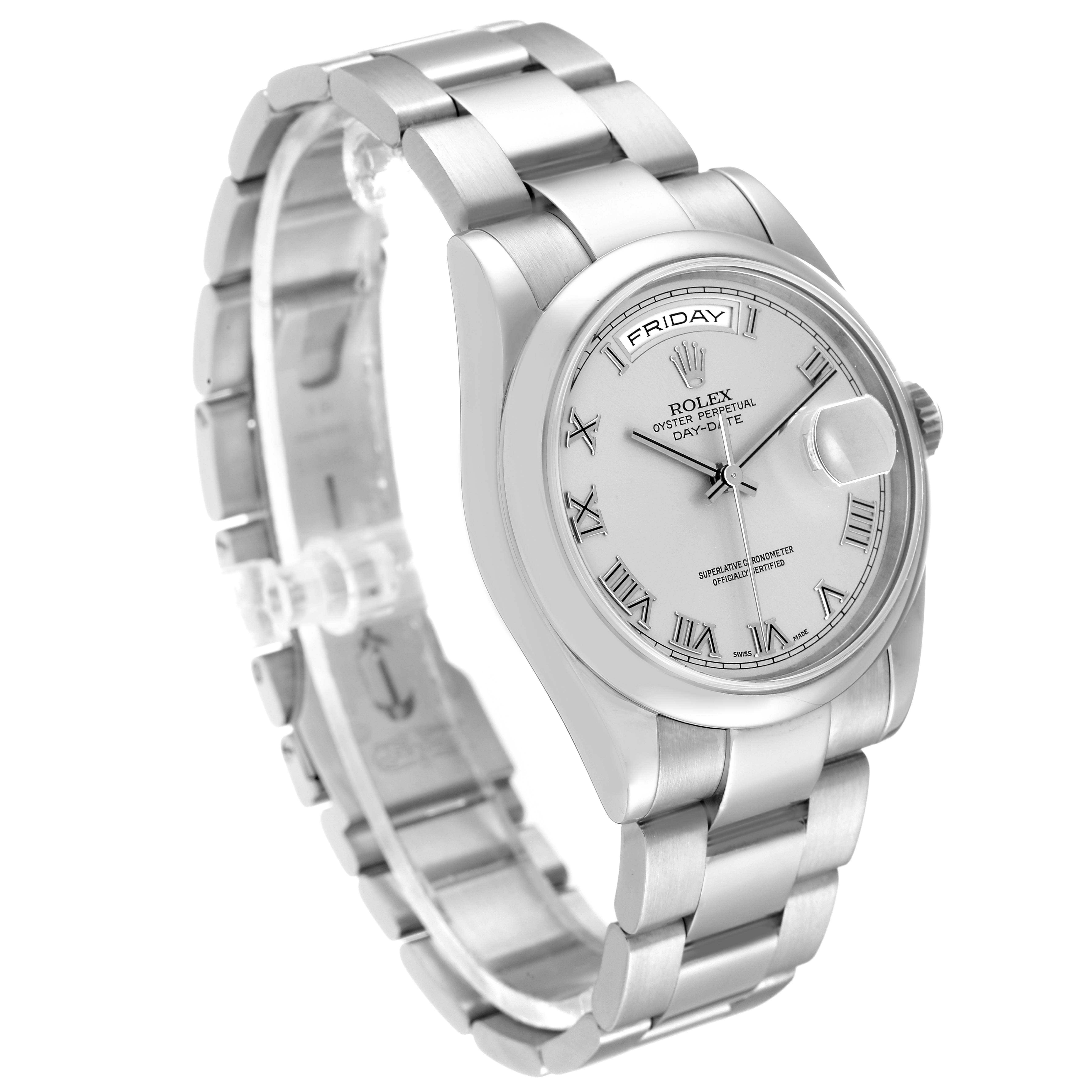 The image shows a Rolex President 118209 Men's White Gold Silver Dial 118209 Men's White Gold Silver Dial model watch at a slight angle, highlighting the dial, day/date display, and bracelet.