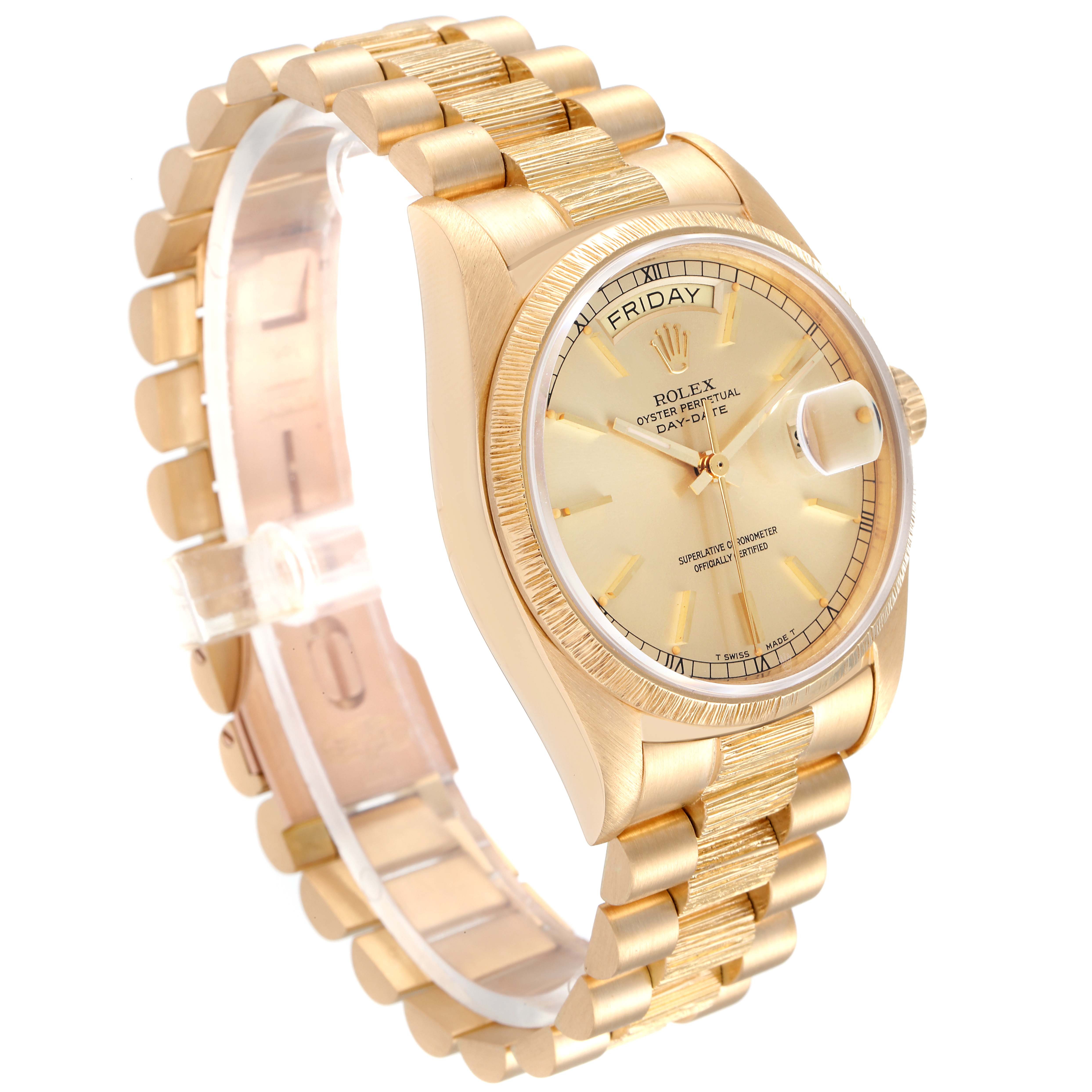 The Rolex President 18078 Men
s Yellow Gold Champagne Dial 18078 Men
s Yellow Gold Champagne Dial model watch is shown at a three-quarter angle, highlighting its gold bracelet, dial, and day-date display.
