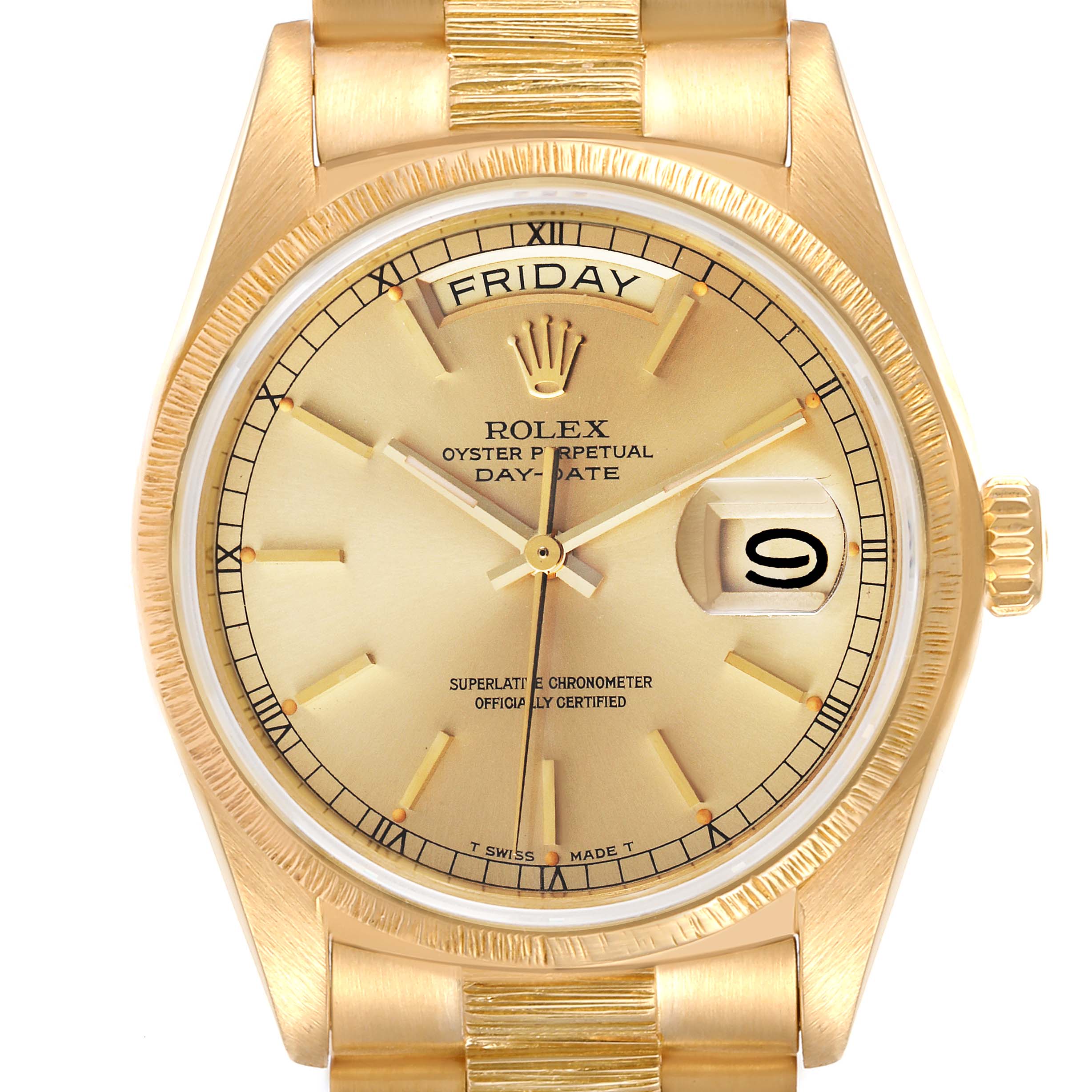 The image shows the front view of a Rolex President 18078 Men
s Yellow Gold Champagne Dial 18078 Men
s Yellow Gold Champagne Dial Day-Date watch, highlighting its gold dial, day, and date display.