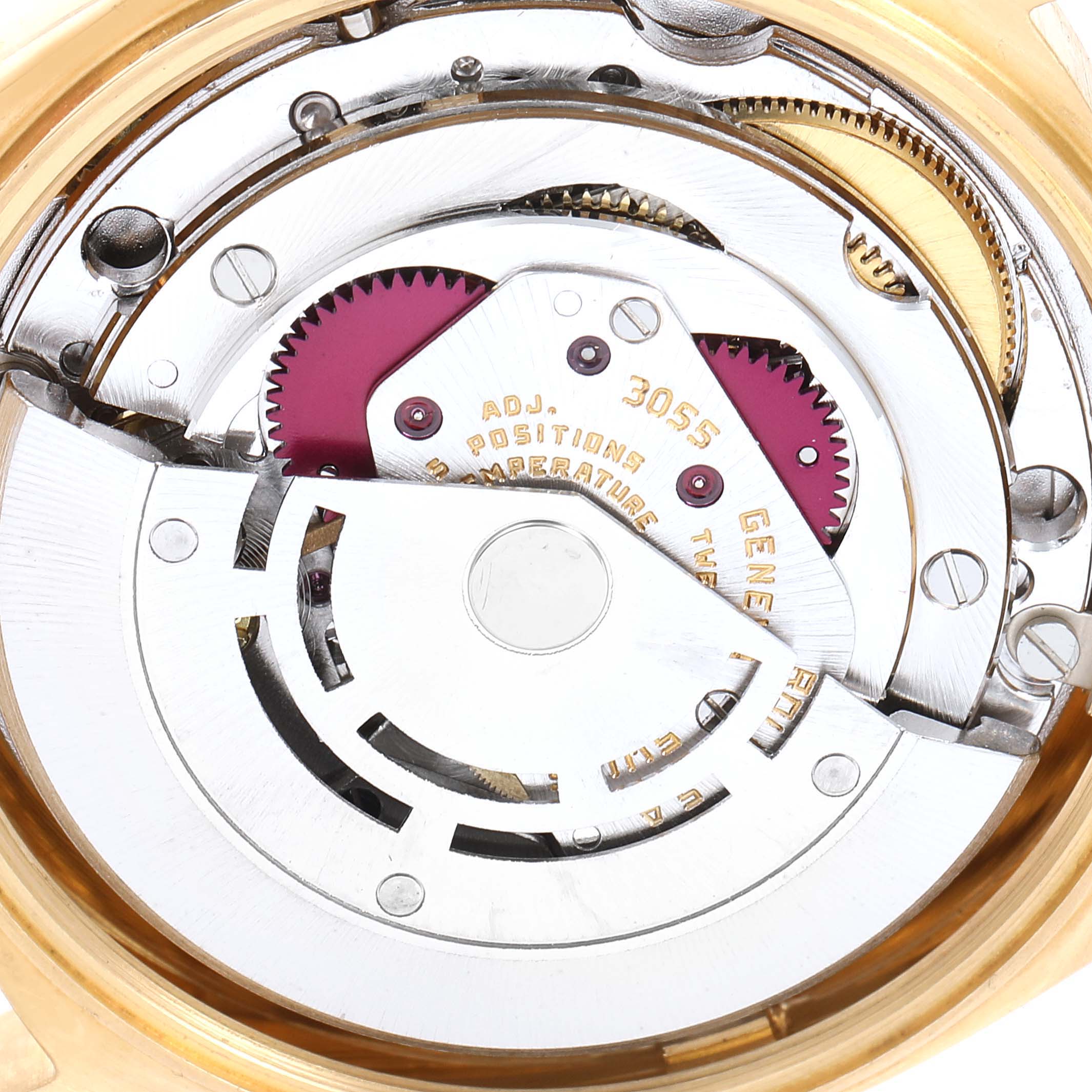 This is a close-up image showing the inner mechanical movement of the Rolex President 18078 Men
s Yellow Gold Champagne Dial 18078 Men
s Yellow Gold Champagne Dial model watch.