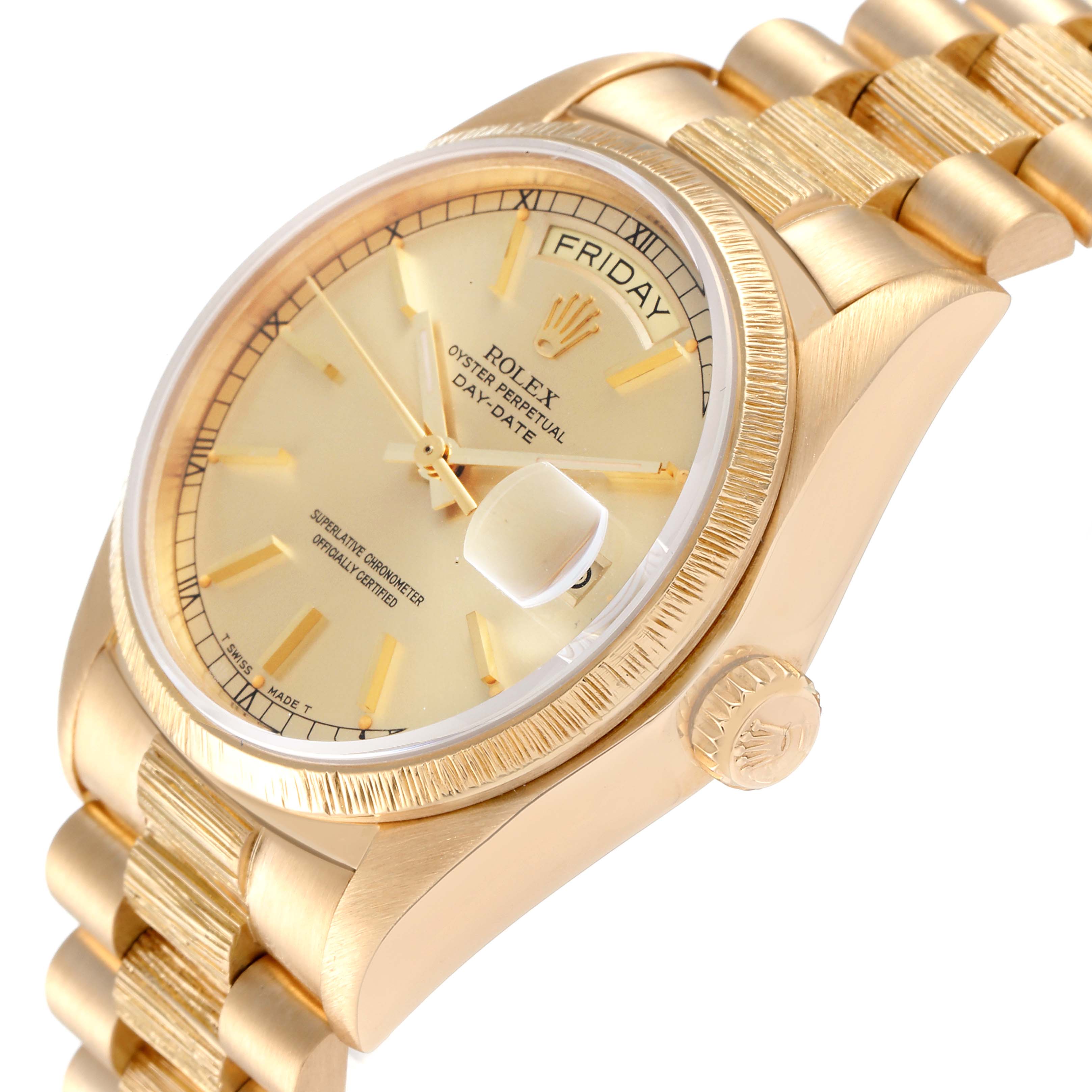 The image shows a close-up of the dial, bezel, crown, and bracelet of a Rolex President 18078 Men
s Yellow Gold Champagne Dial 18078 Men
s Yellow Gold Champagne Dial model watch at an angled view.