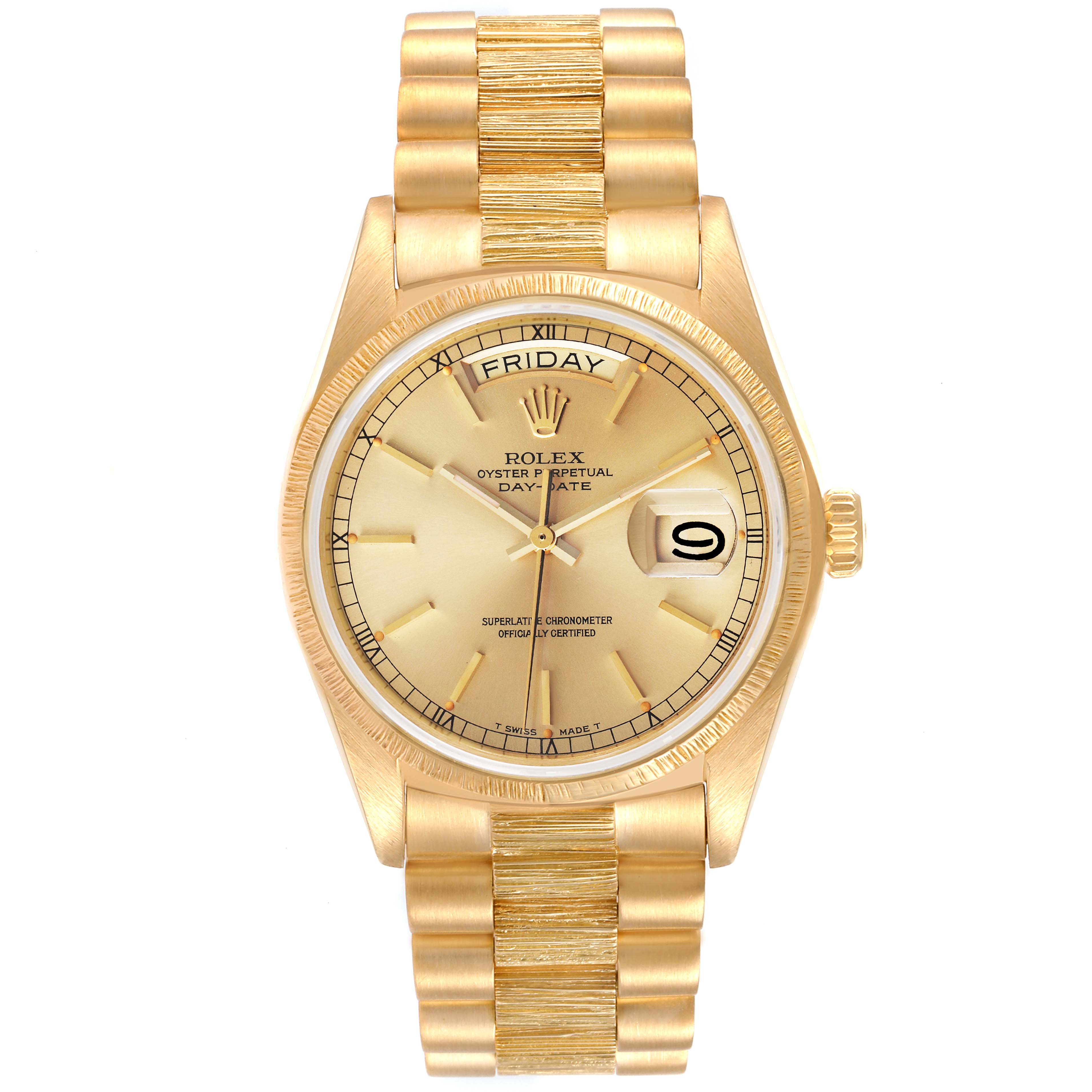 This is a front view of a Rolex President 18078 Men
s Yellow Gold Champagne Dial 18078 Men
s Yellow Gold Champagne Dial model watch, showing the face, bezel, bracelet, and crown.