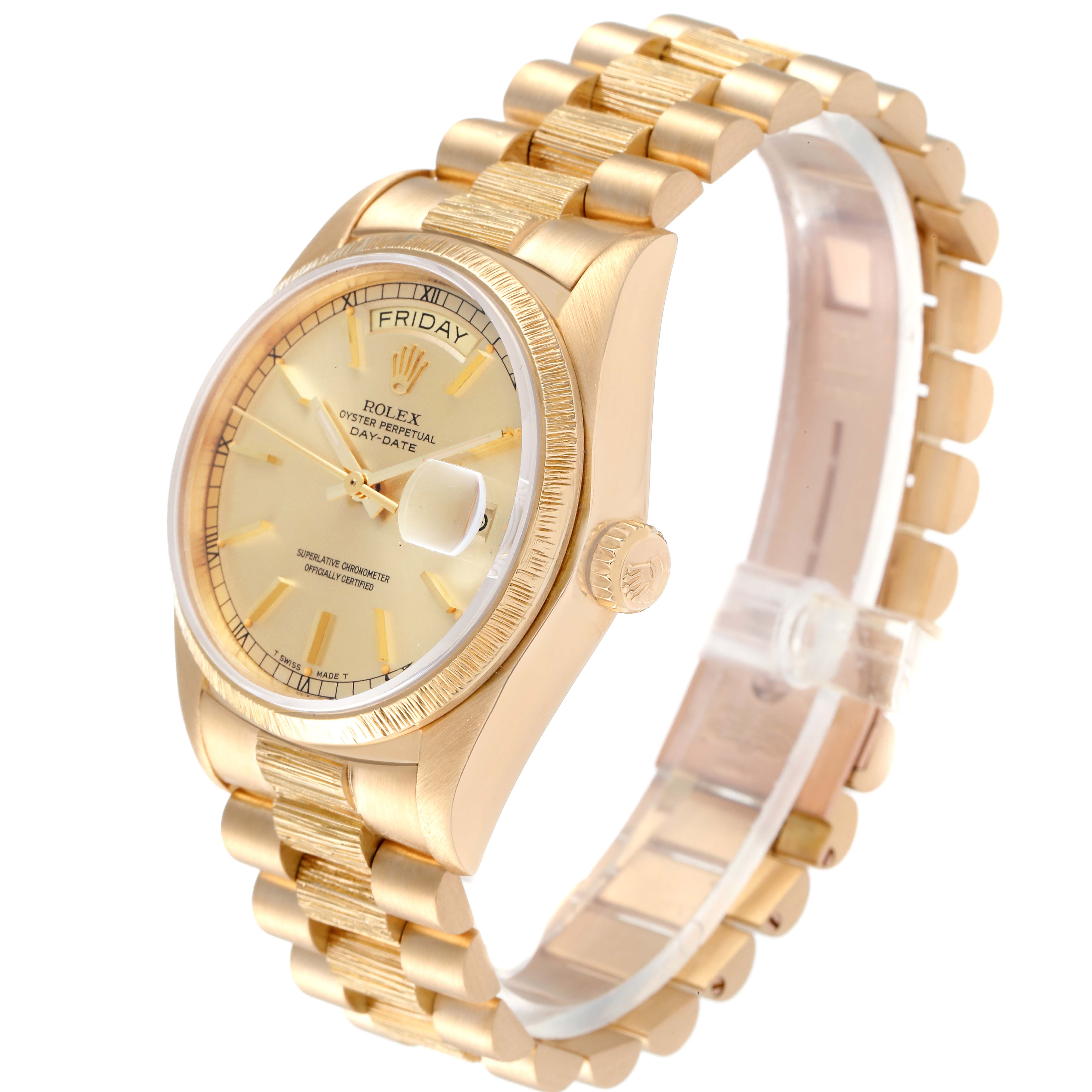 This image shows a Rolex President 18078 Men
s Yellow Gold Champagne Dial 18078 Men
s Yellow Gold Champagne Dial model watch from a three-quarter angle, highlighting the gold bracelet, face, and crown.