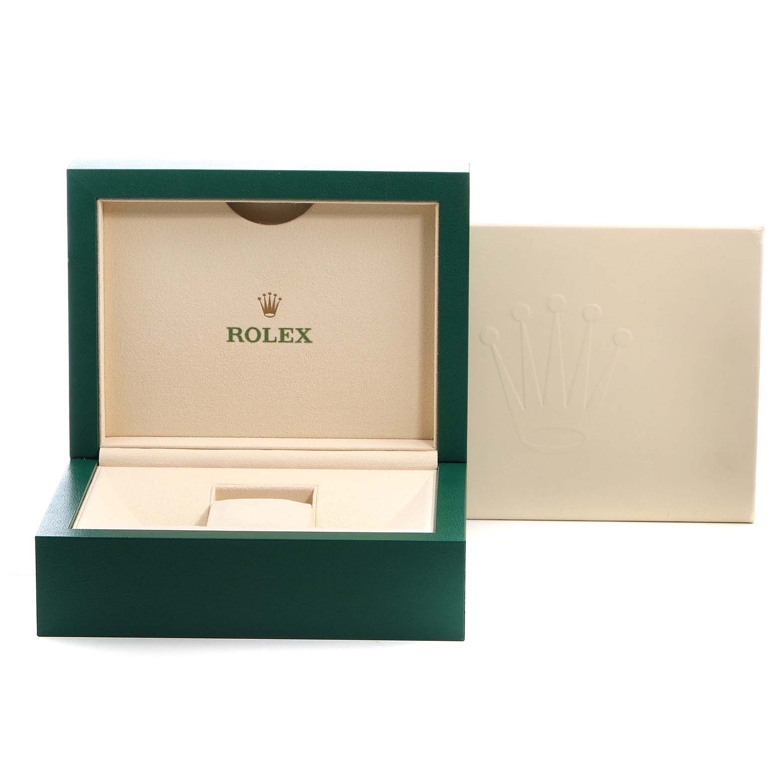 The image shows an open green and beige Rolex President 118348 Men's Yellow Gold Mother of Pearl Dial model watch box, featuring the logo on the interior lid.